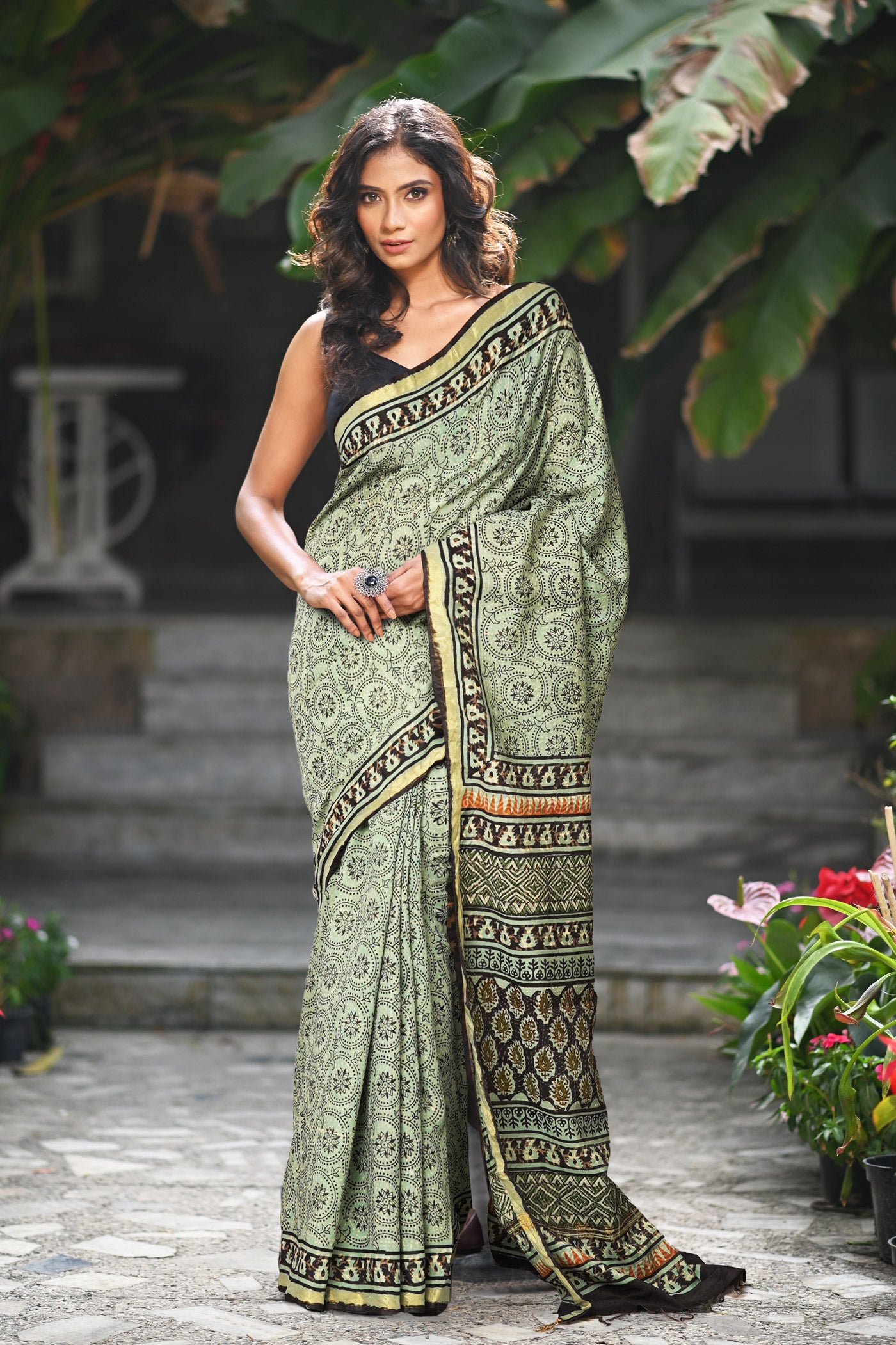 Green Pure Bagru Printed Pashmina Sico Saree-UNM79312