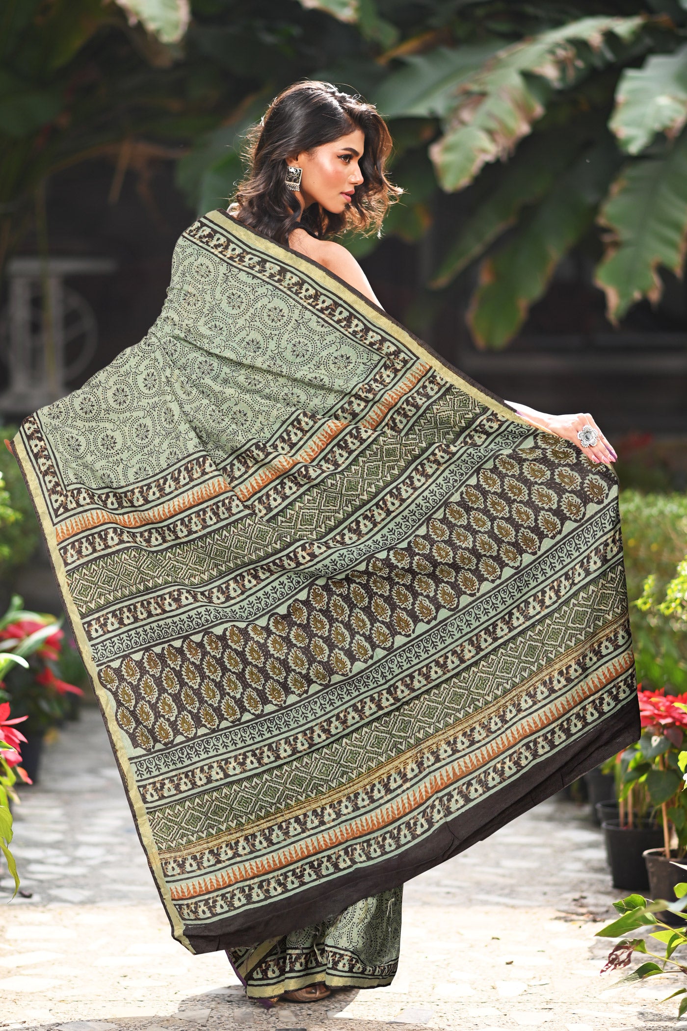 Green Pure Bagru Printed Pashmina Sico Saree-UNM79312