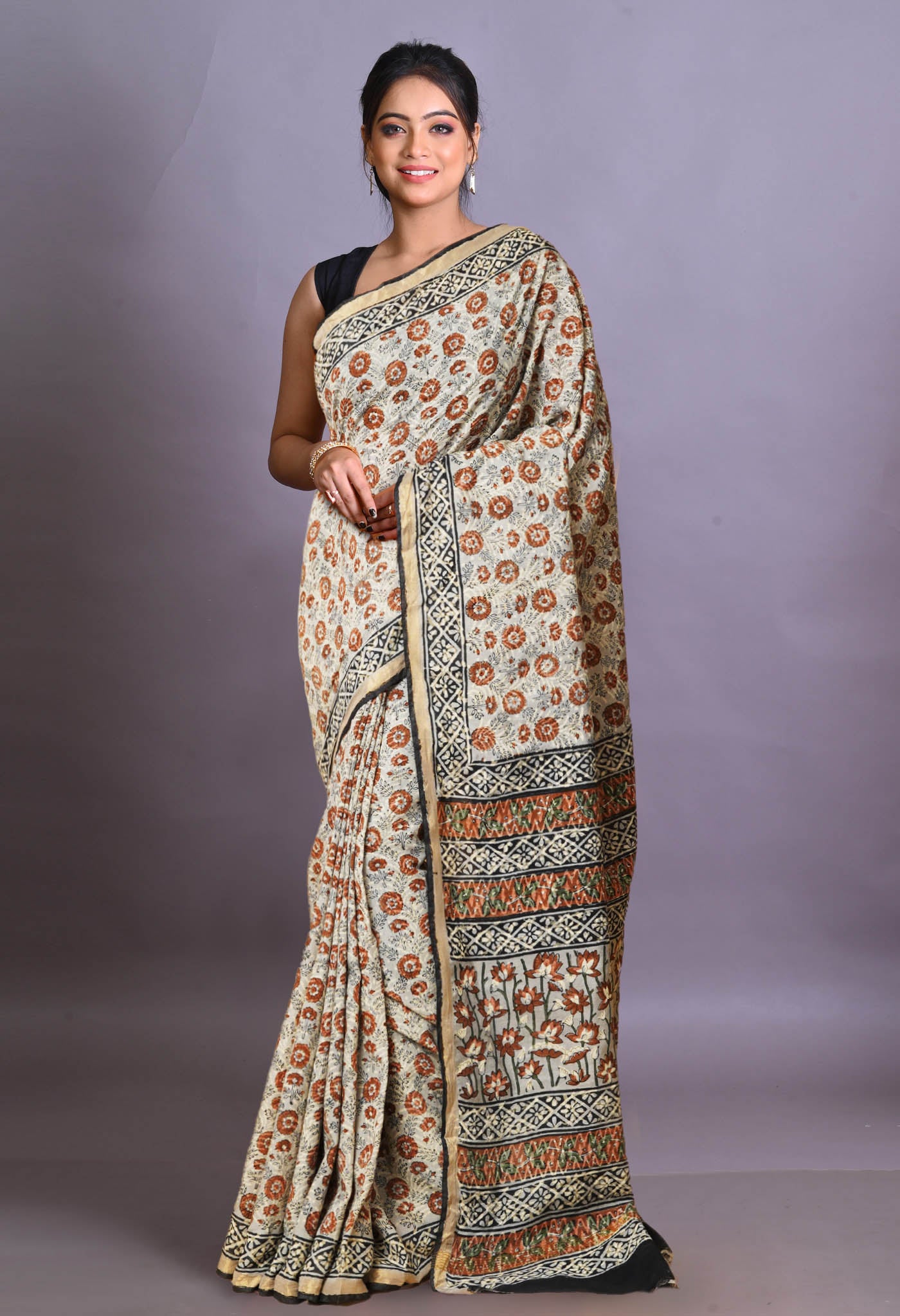 Grey Pure Bagru Printed Pashmina Sico Saree-UNM79313