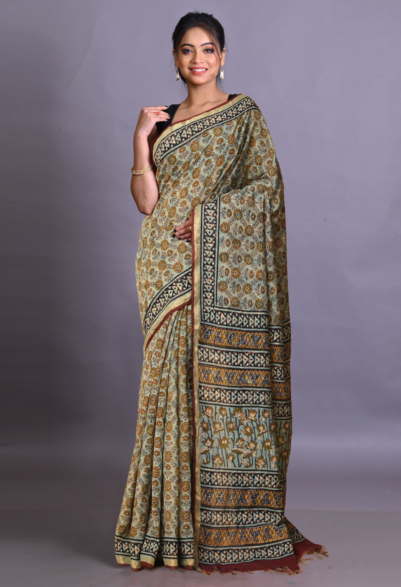 Blue Pure Bagru Printed Pashmina Sico Saree-UNM79314