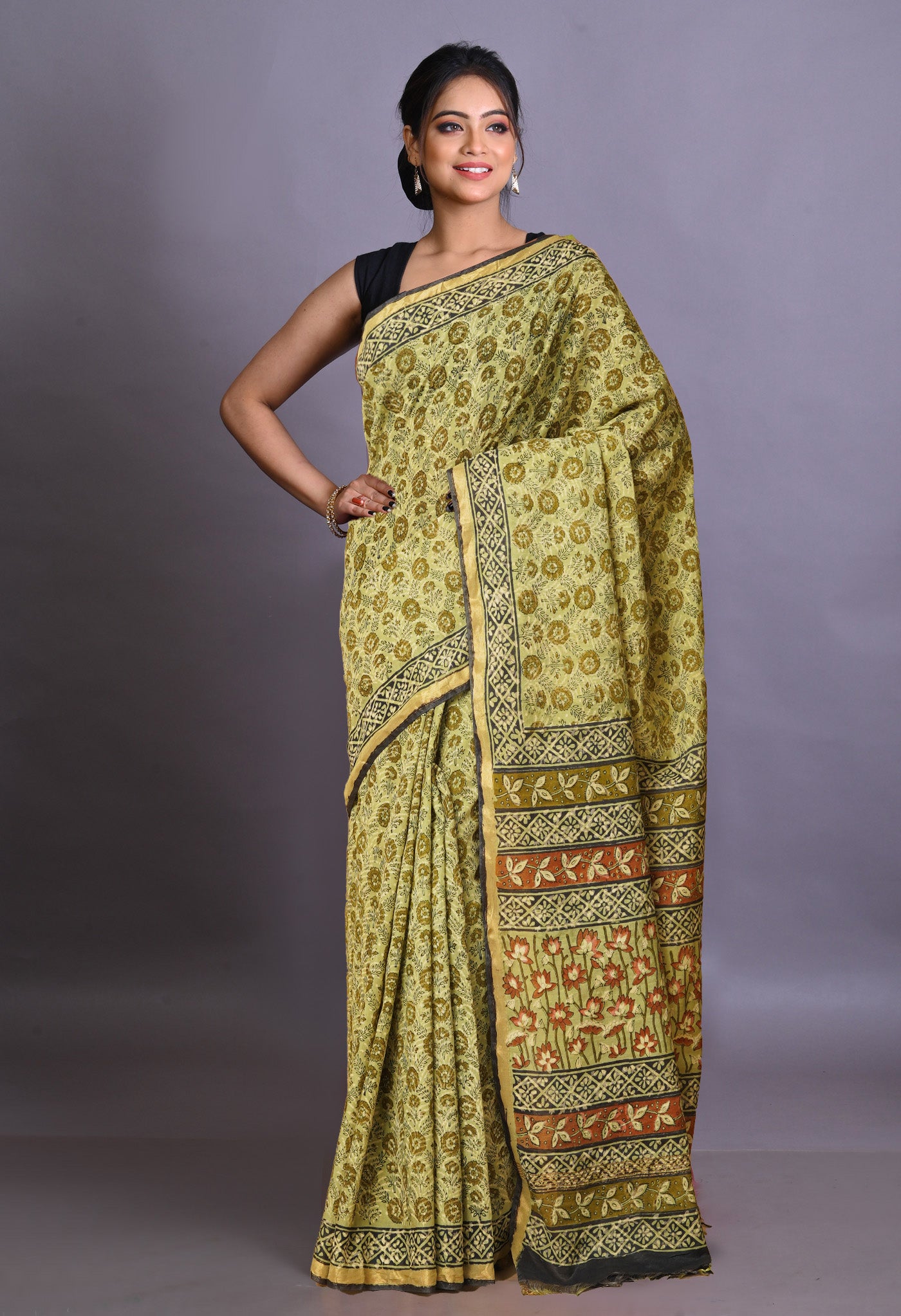 Green Pure Bagru Printed Pashmina Sico Saree-UNM79315