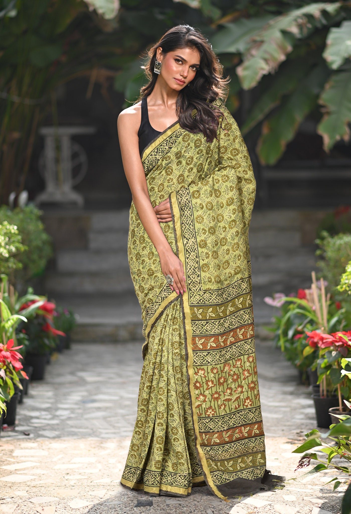 Green Pure Bagru Printed Pashmina Sico Saree-UNM79315