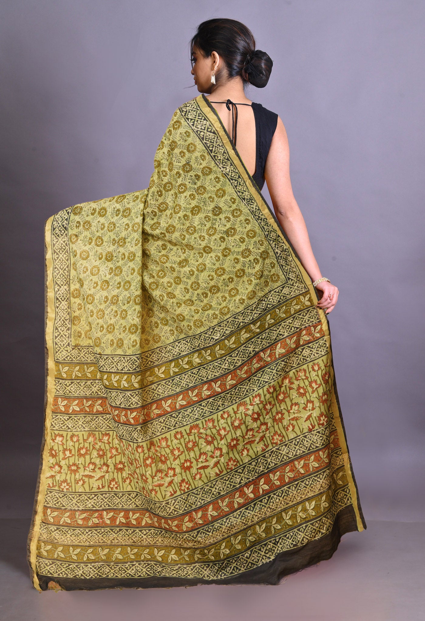 Green Pure Bagru Printed Pashmina Sico Saree-UNM79315