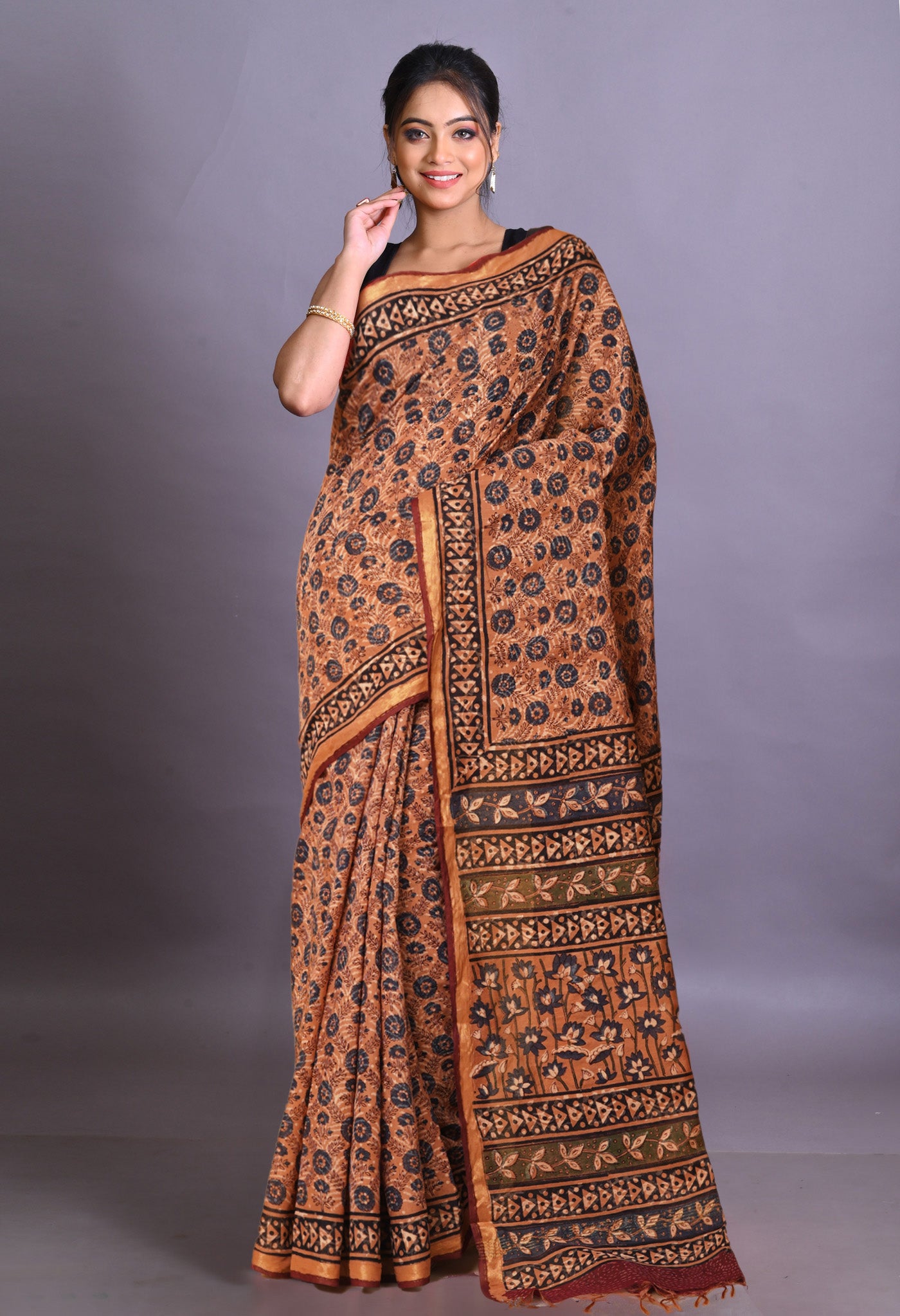 Orange Pure Bagru Printed Pashmina Sico Saree-UNM79316