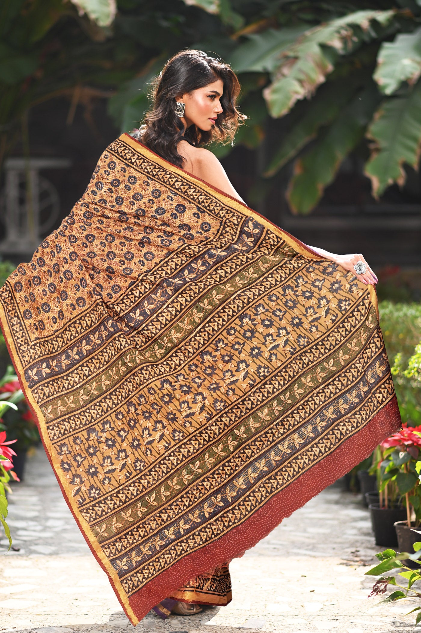 Orange Pure Bagru Printed Pashmina Sico Saree-UNM79316