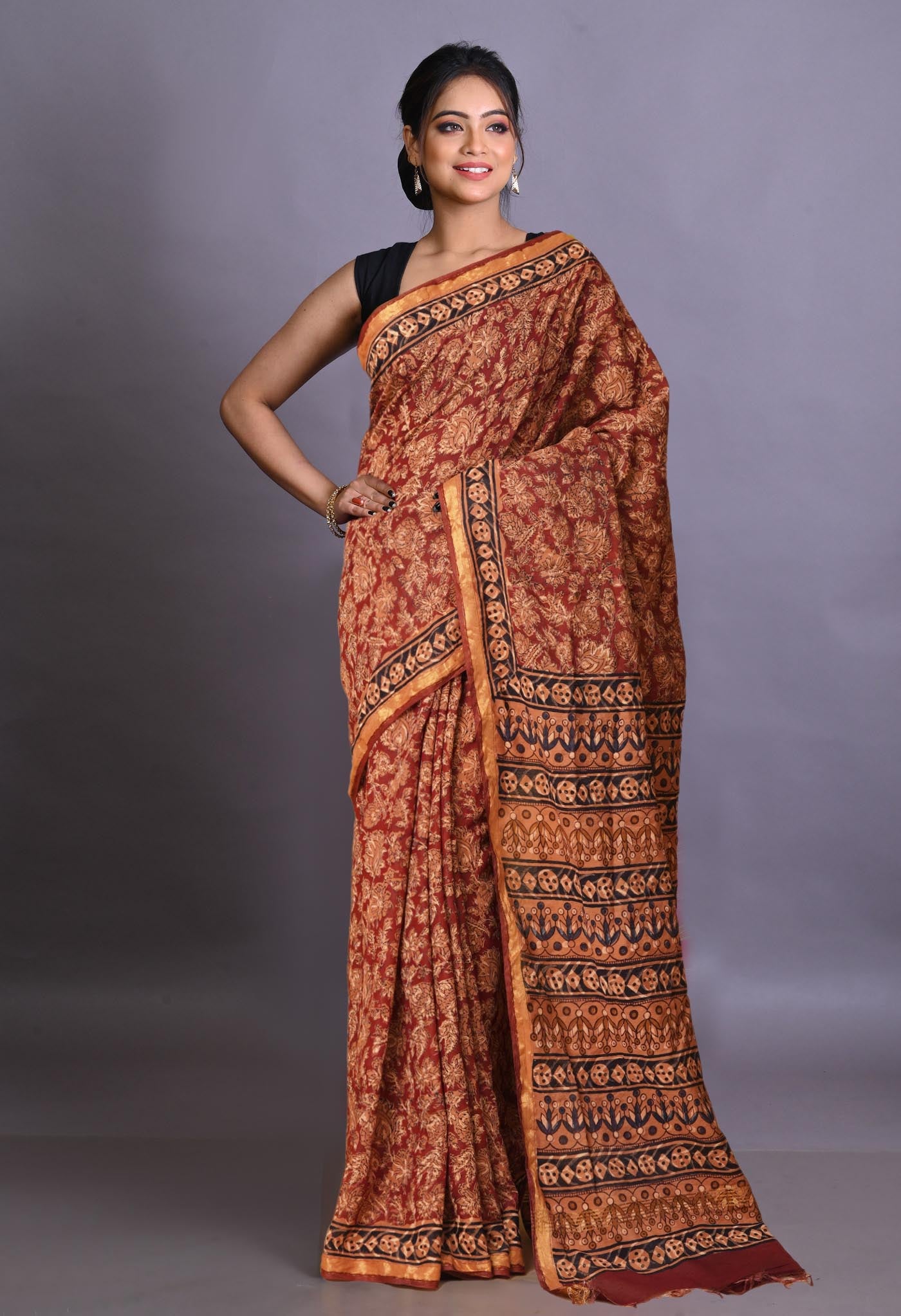 Red Pure Bagru Printed Pashmina Sico Saree-UNM79317