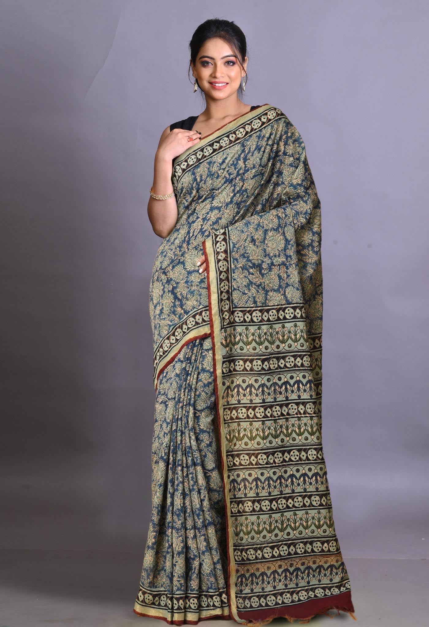 Blue Pure Bagru Printed Pashmina Sico Saree-UNM79318