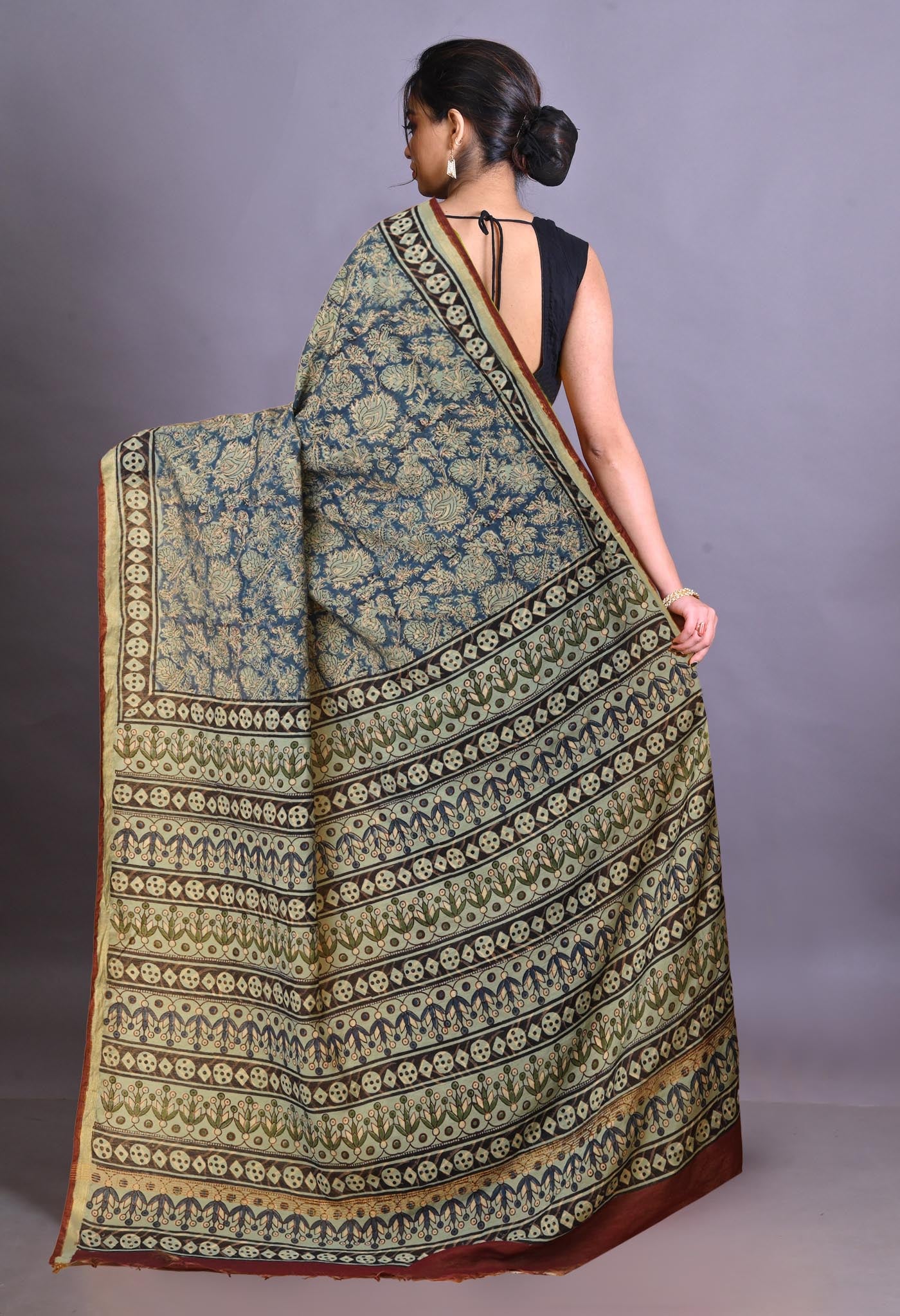 Blue Pure Bagru Printed Pashmina Sico Saree-UNM79318