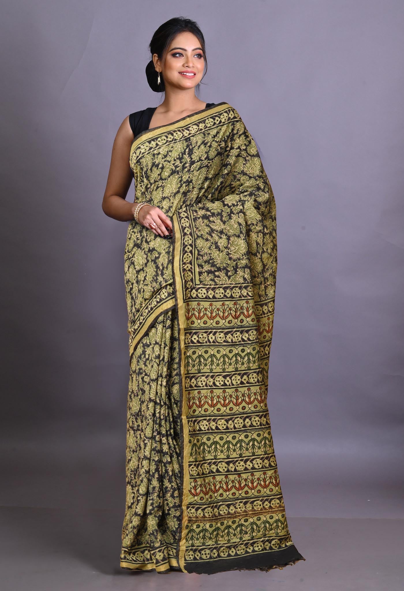 Black Pure Bagru Printed Pashmina Sico Saree-UNM79319