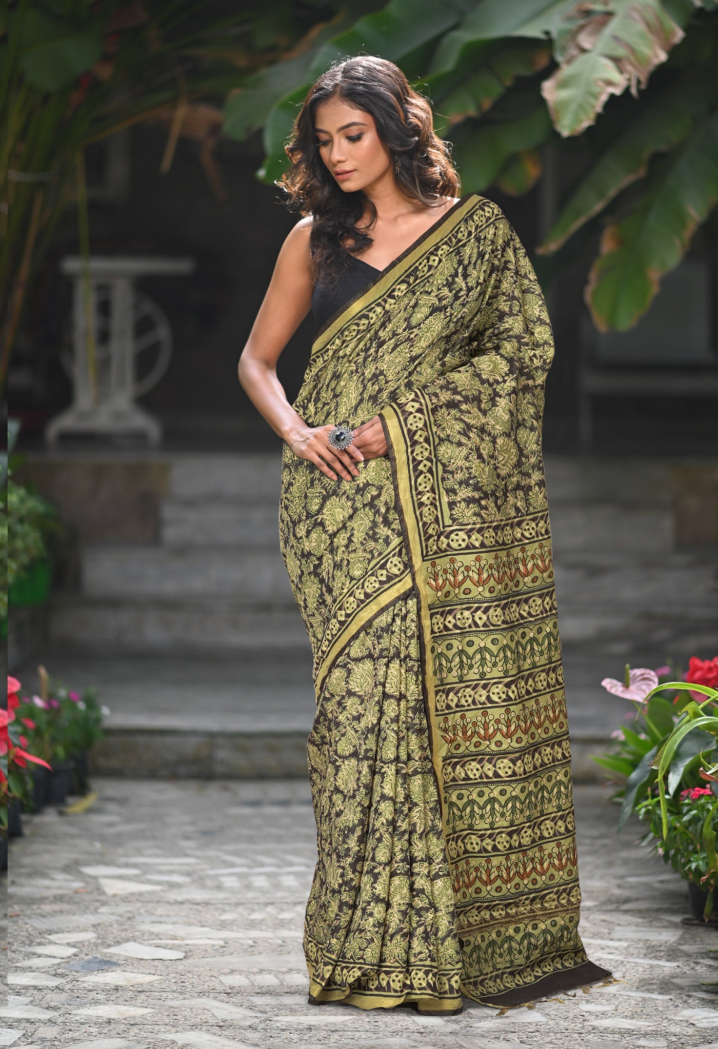 Black Pure Bagru Printed Pashmina Sico Saree-UNM79319