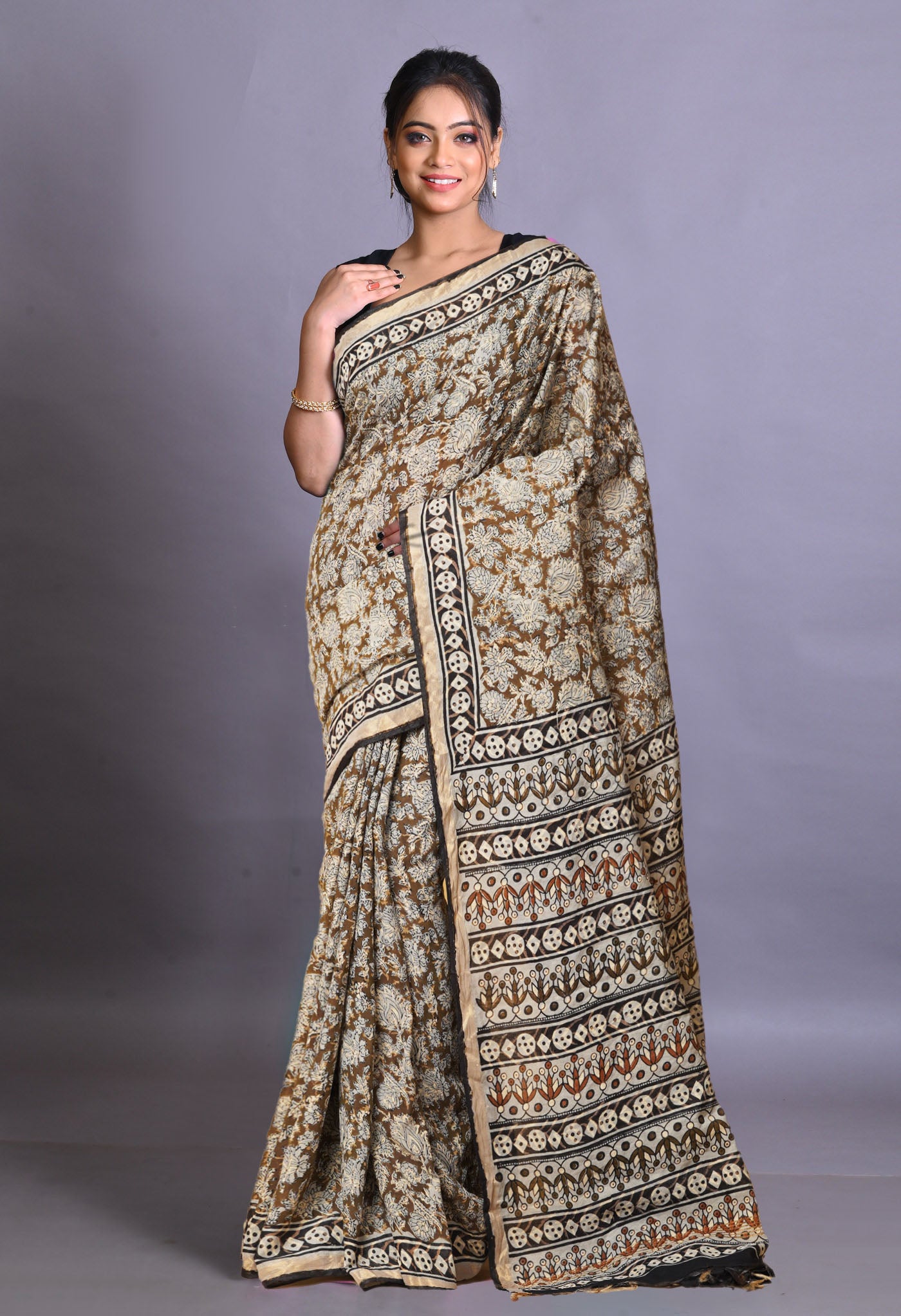 Green Pure Bagru Printed Pashmina Sico Saree-UNM79320