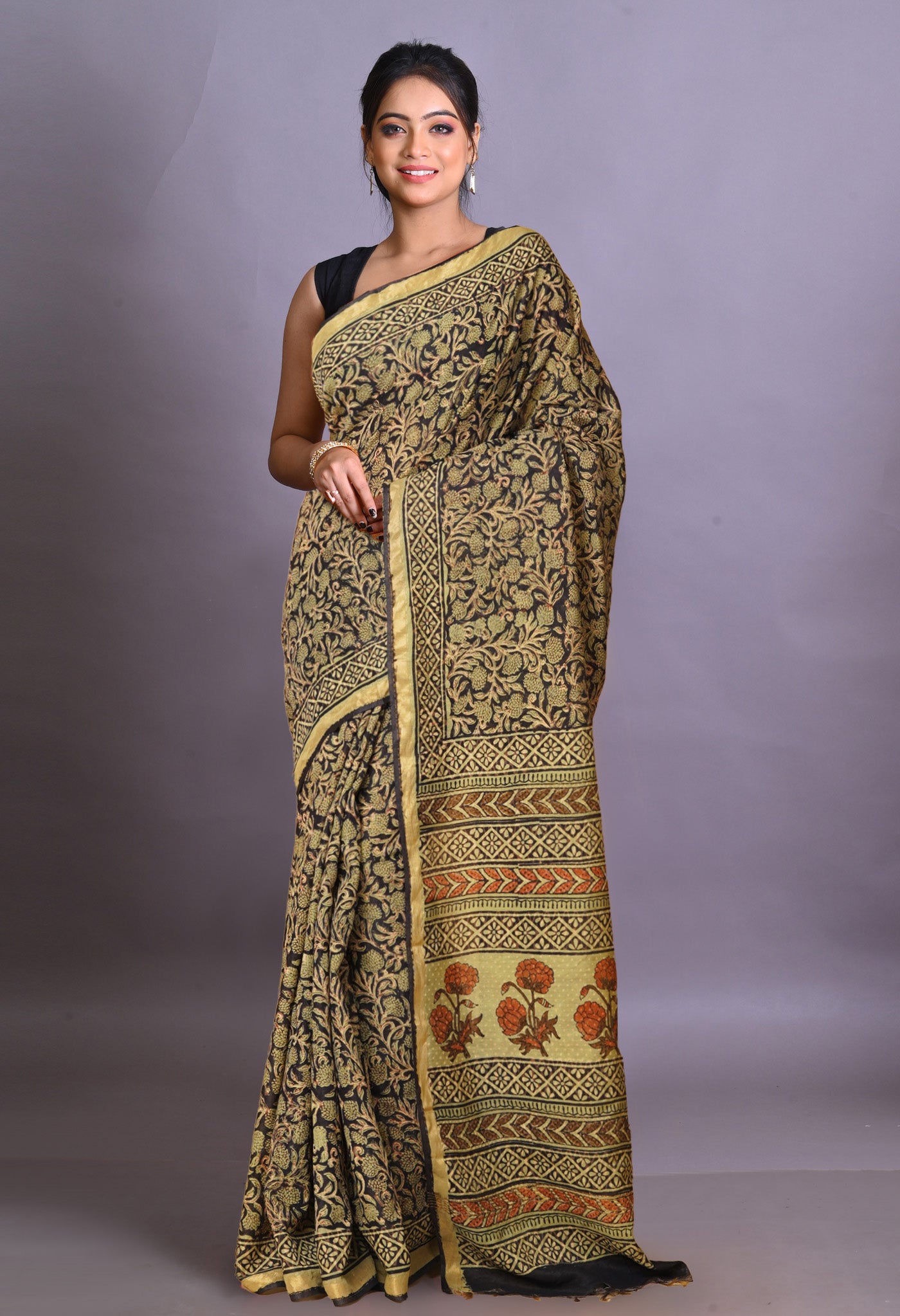 Black Pure Bagru Printed Pashmina Sico Saree-UNM79321