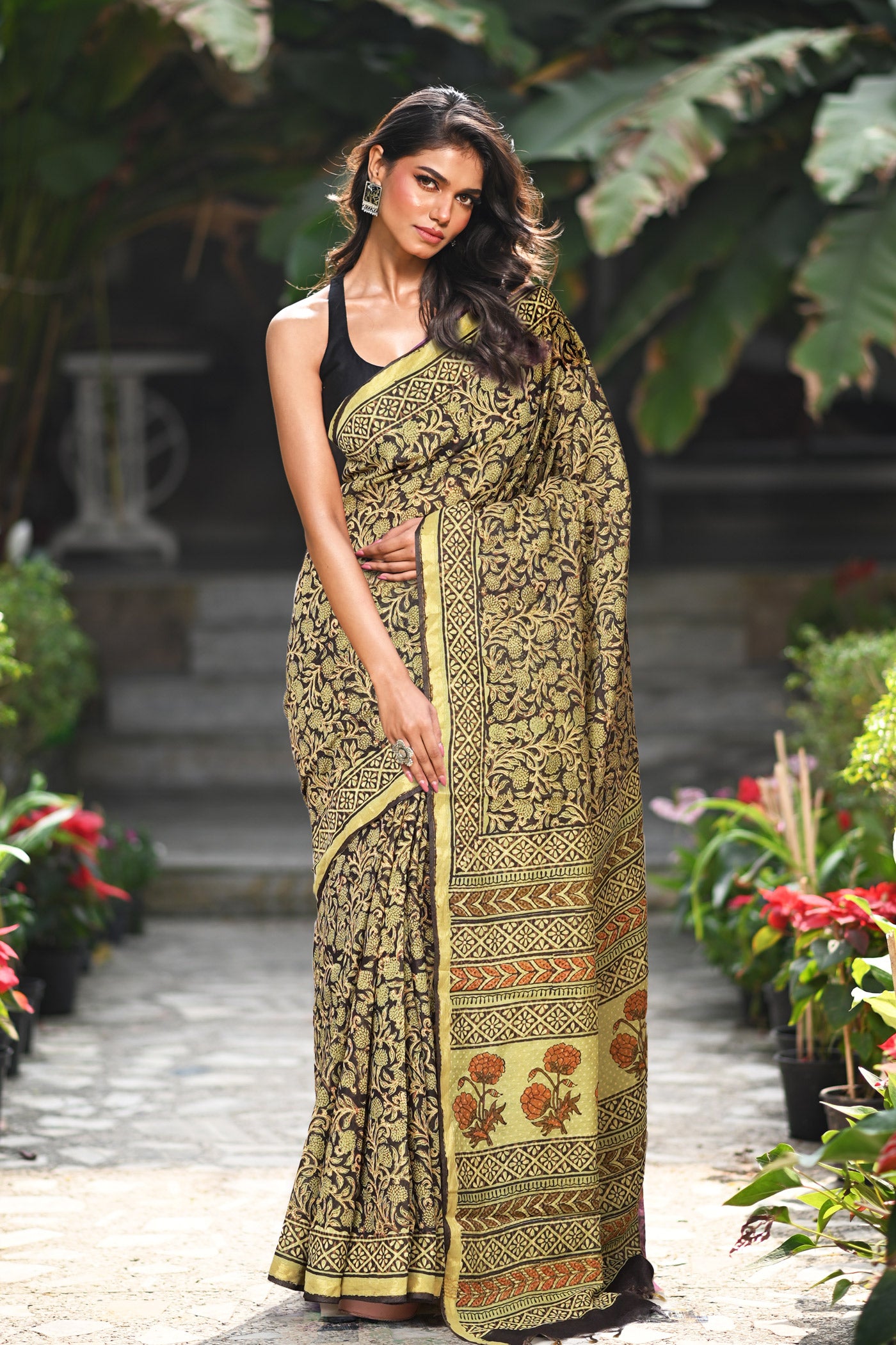 Black Pure Bagru Printed Pashmina Sico Saree-UNM79321