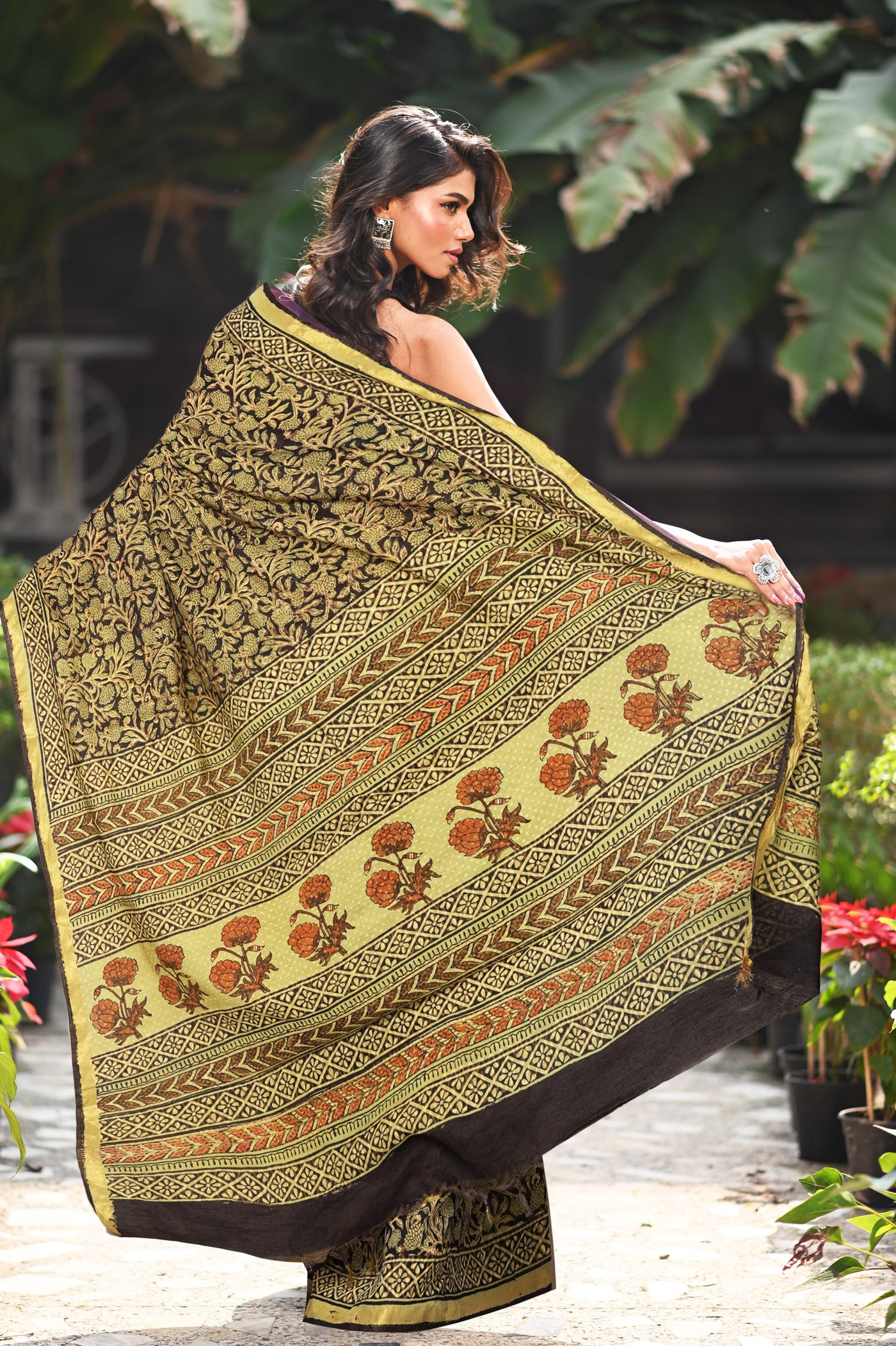 Black Pure Bagru Printed Pashmina Sico Saree-UNM79321