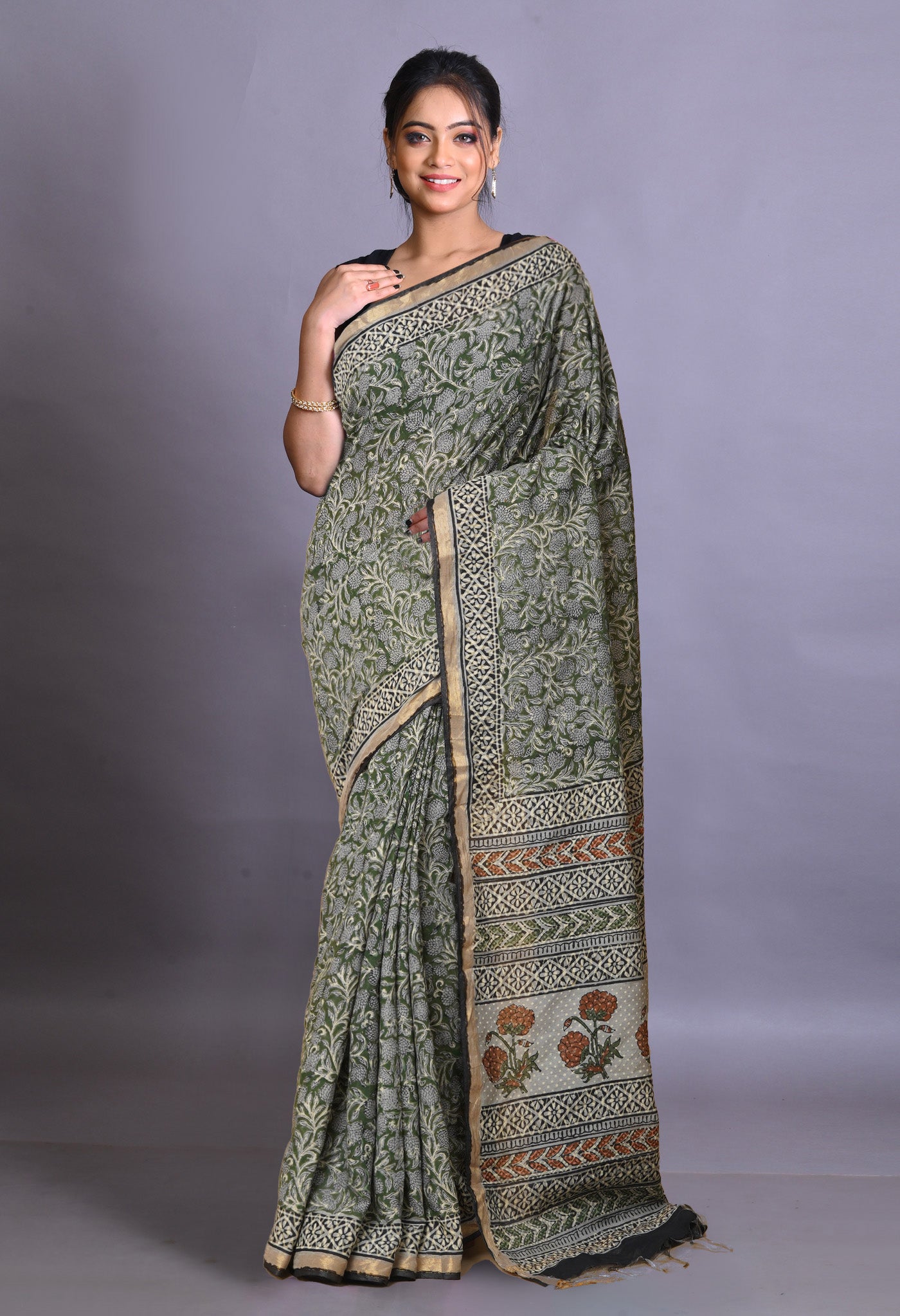 Green Pure Bagru Printed Pashmina Sico Saree-UNM79322