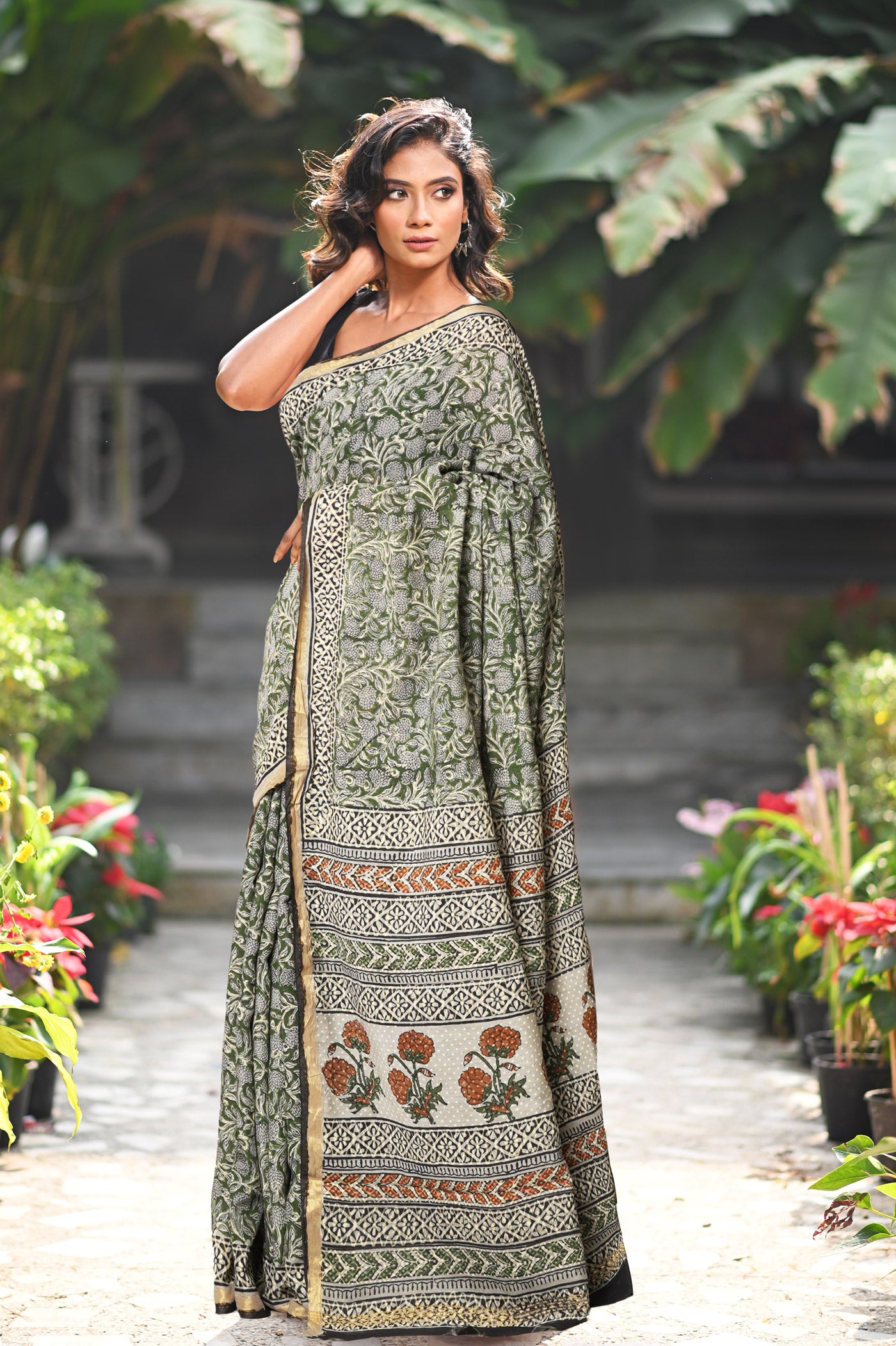 Green Pure Bagru Printed Pashmina Sico Saree-UNM79322