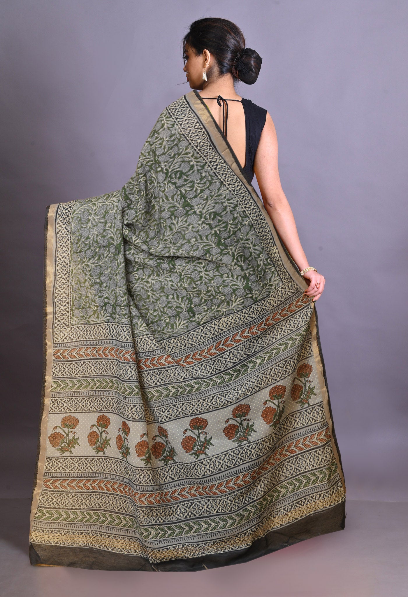 Green Pure Bagru Printed Pashmina Sico Saree-UNM79322