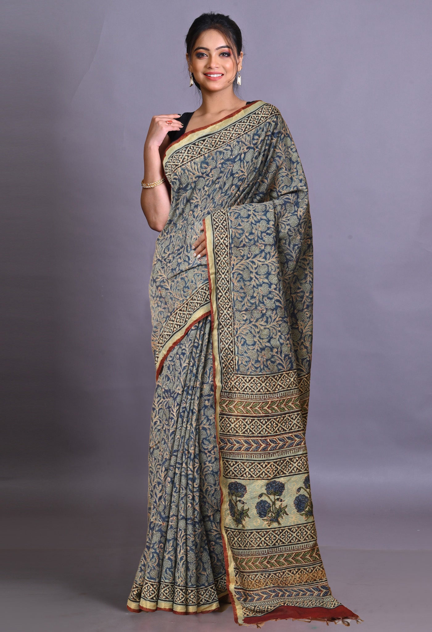 Blue Pure Bagru Printed Pashmina Sico Saree-UNM79323