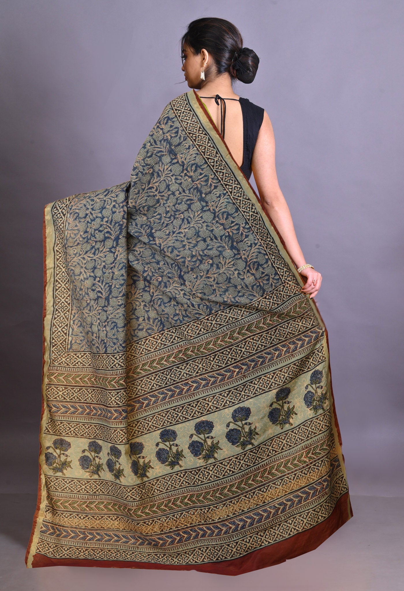 Blue Pure Bagru Printed Pashmina Sico Saree-UNM79323