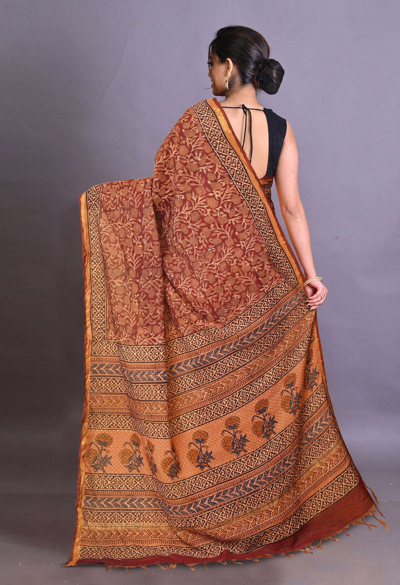 Red Pure Bagru Printed Pashmina Sico Saree-UNM79324