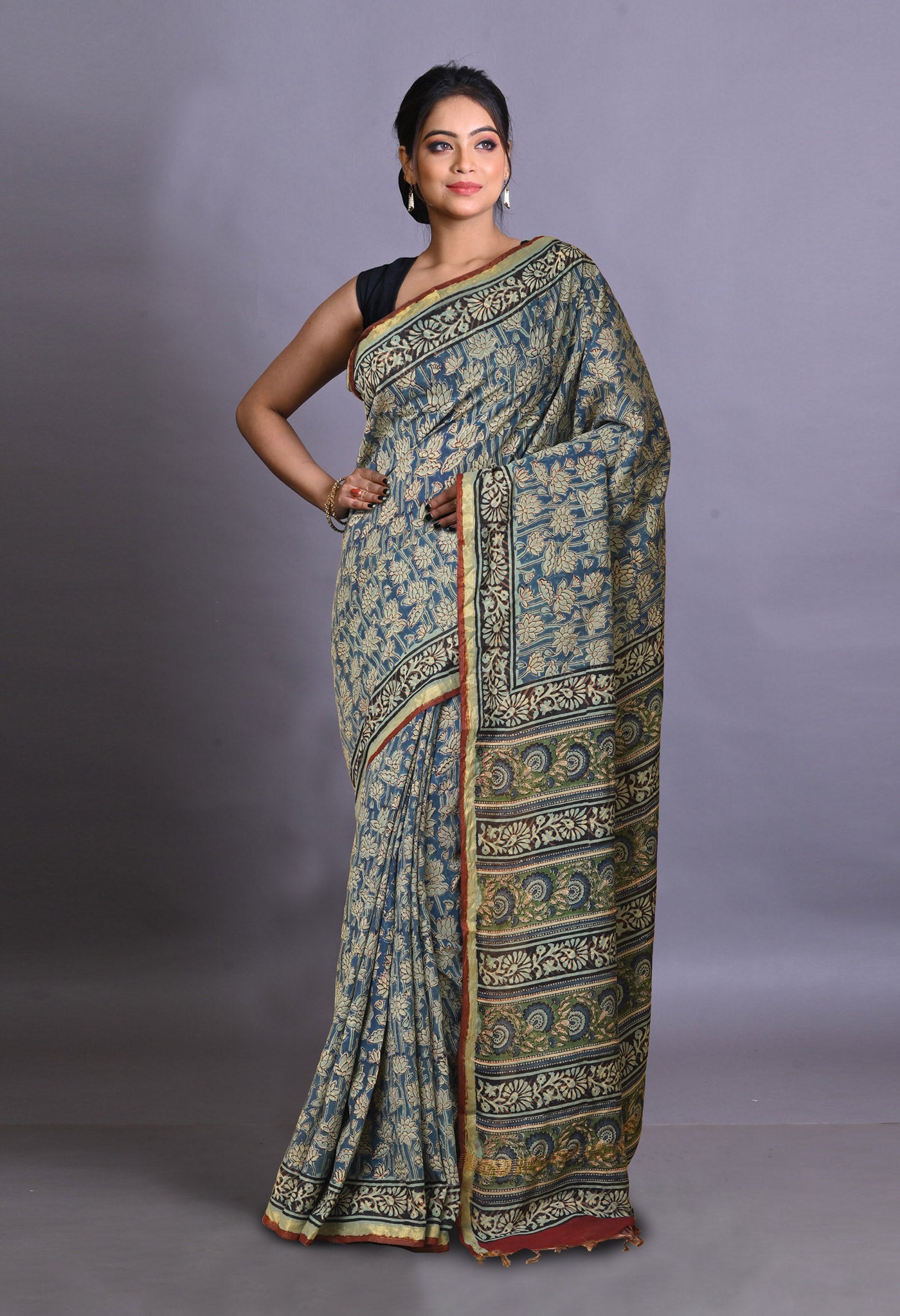 Blue Pure Bagru Printed Pashmina Sico Saree-UNM79325