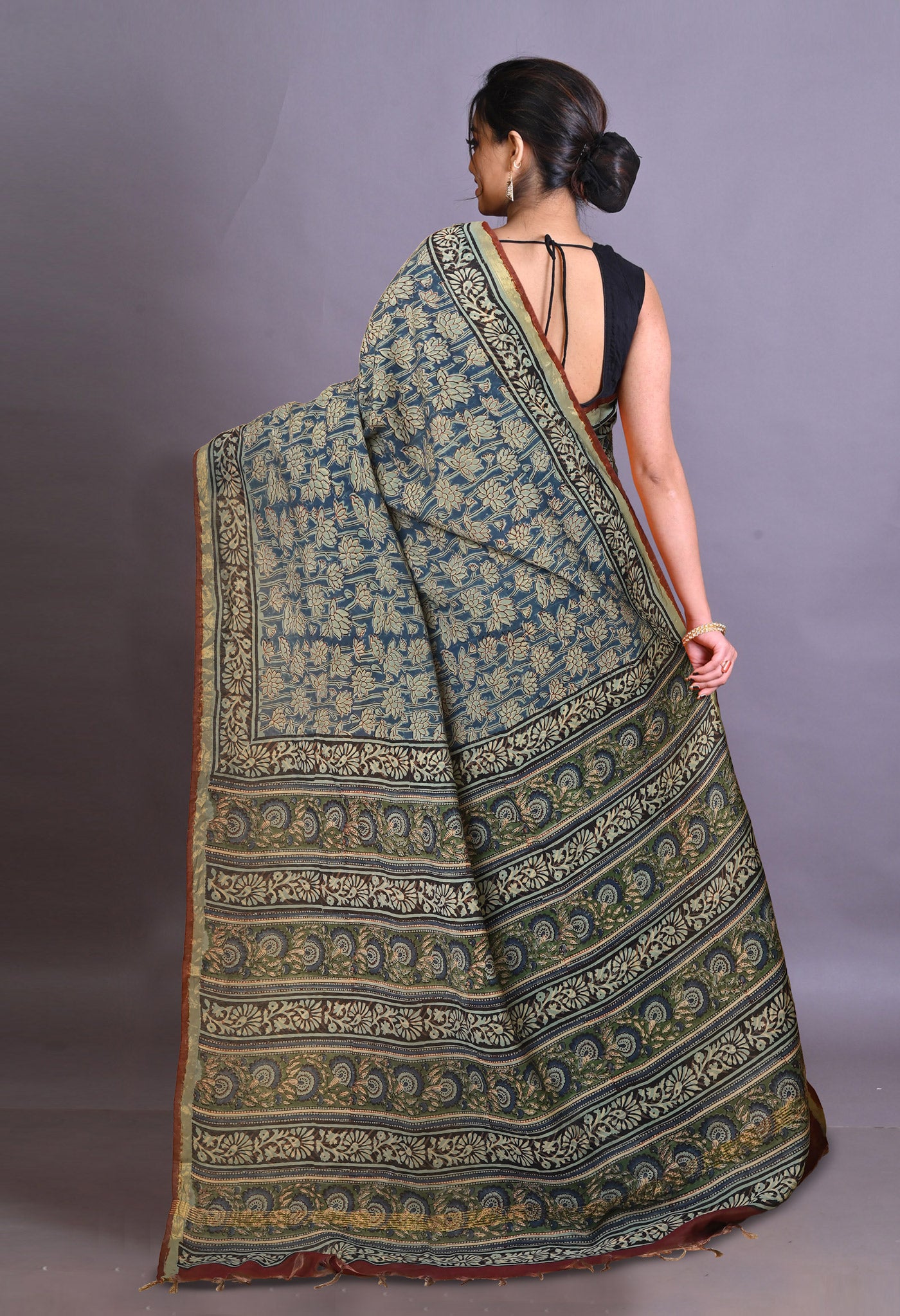 Blue Pure Bagru Printed Pashmina Sico Saree-UNM79325