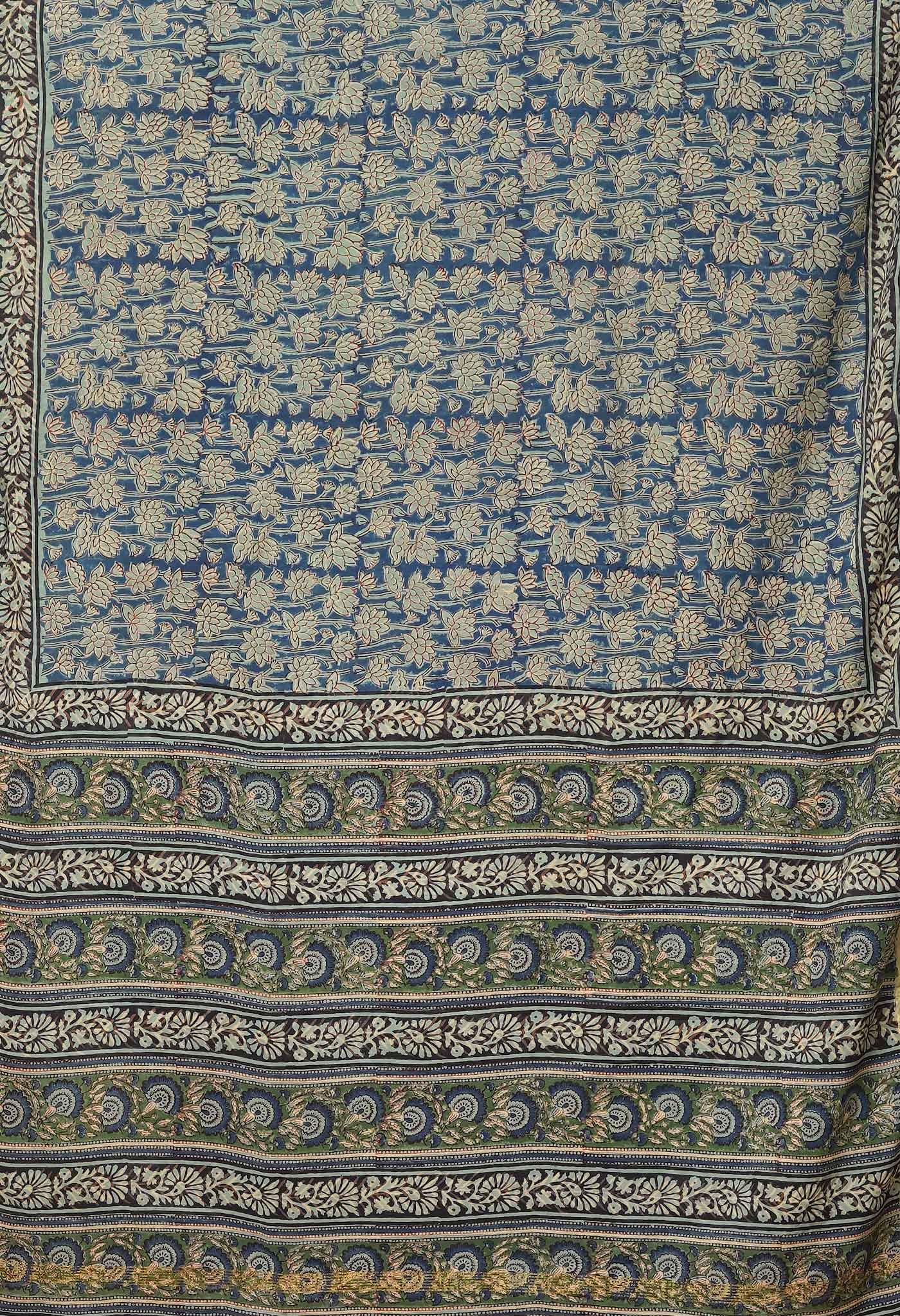 Blue Pure Bagru Printed Pashmina Sico Saree-UNM79325