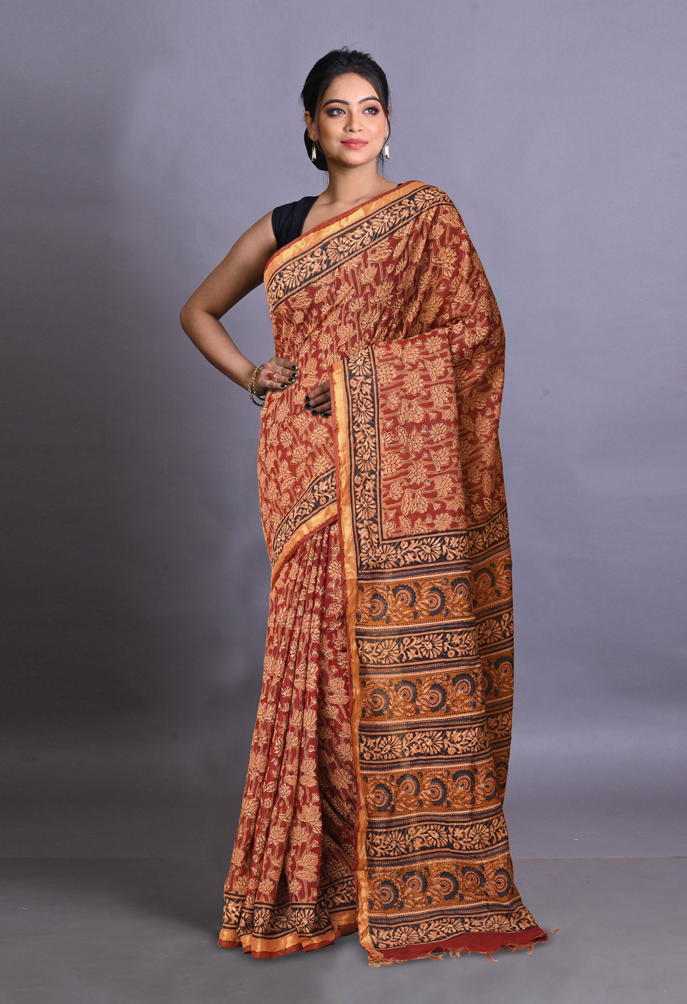 Red Pure Bagru Printed Pashmina Sico Saree-UNM79326