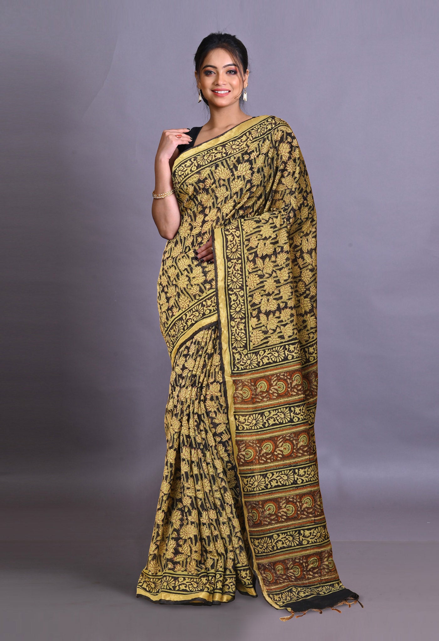 Black Pure Bagru Printed Pashmina Sico Saree-UNM79327