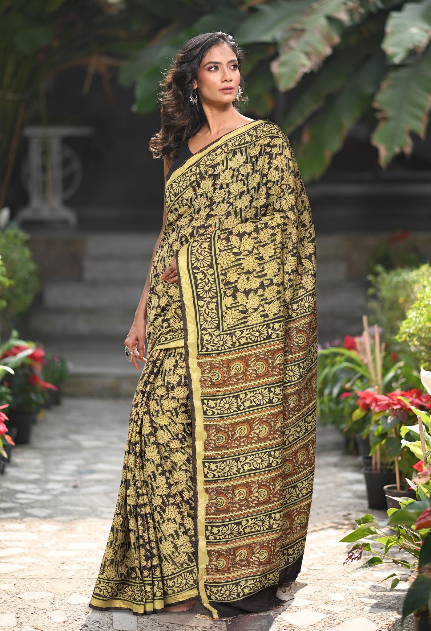 Black Pure Bagru Printed Pashmina Sico Saree-UNM79327