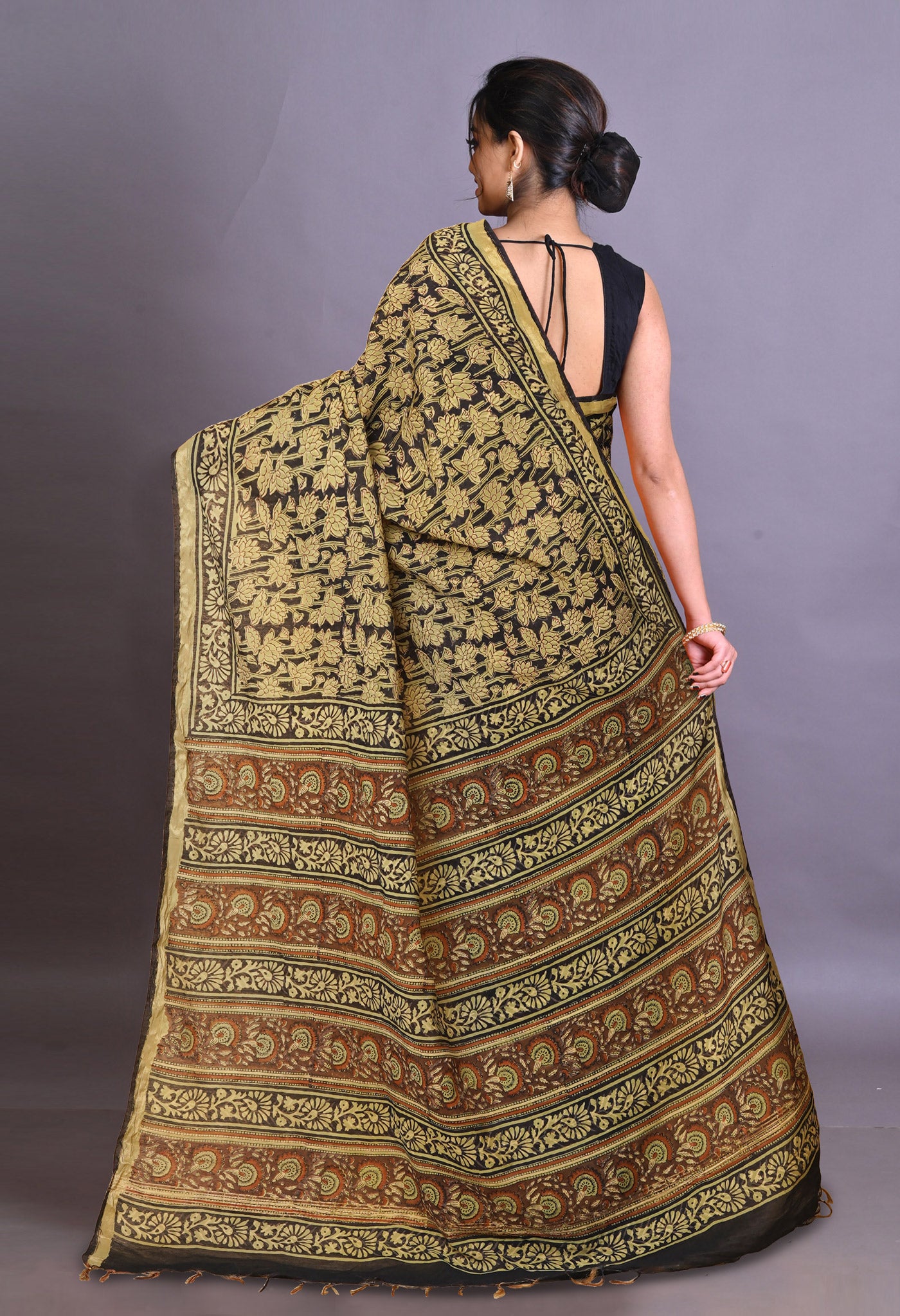 Black Pure Bagru Printed Pashmina Sico Saree-UNM79327