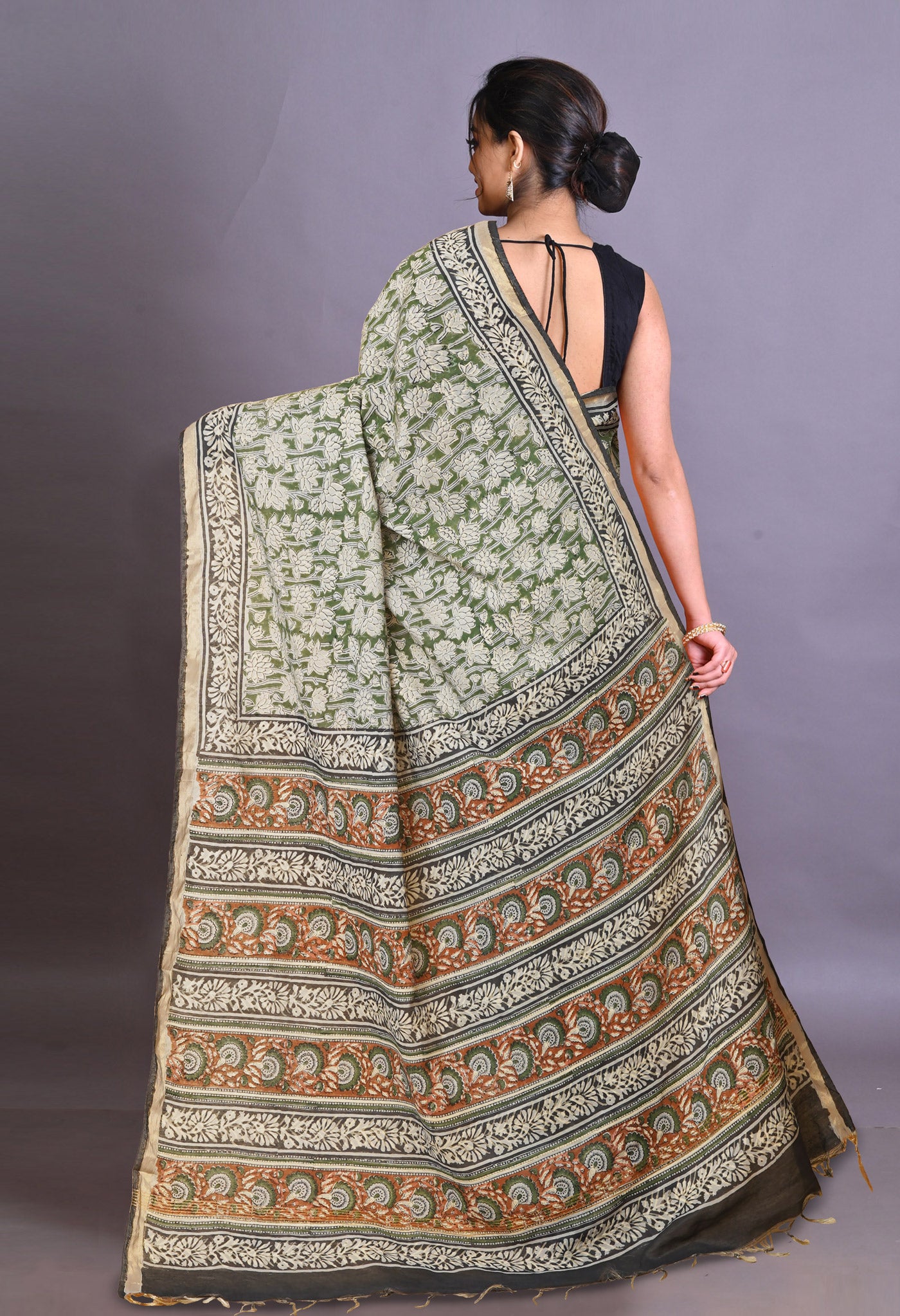 Green Pure Bagru Printed Pashmina Sico Saree-UNM79328