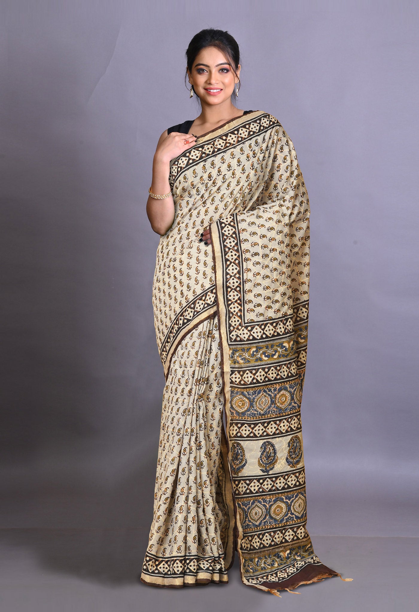 Grey Pure Bagru Printed Pashmina Sico Saree-UNM79329