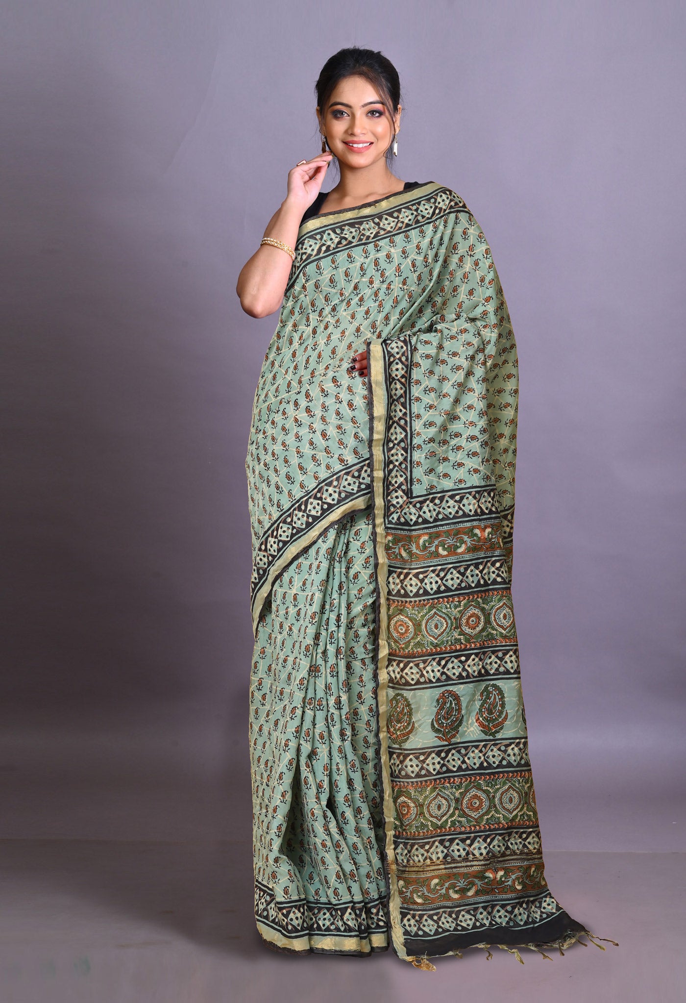 Blue Pure Bagru Printed Pashmina Sico Saree-UNM79330