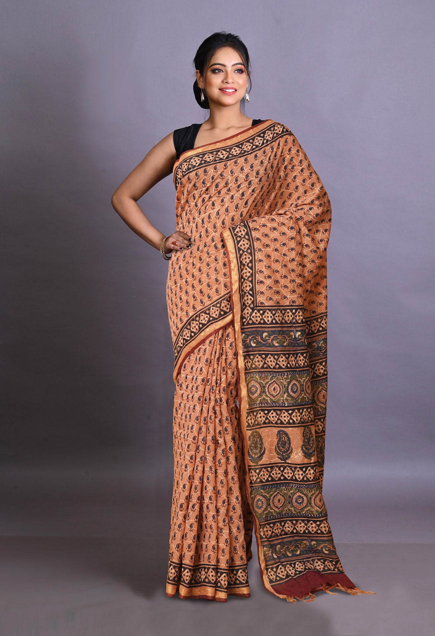 Brown Pure Bagru Printed Pashmina Sico Saree-UNM79331