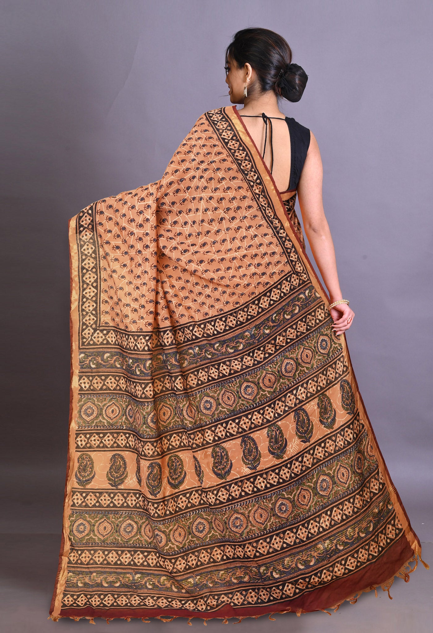 Brown Pure Bagru Printed Pashmina Sico Saree-UNM79331