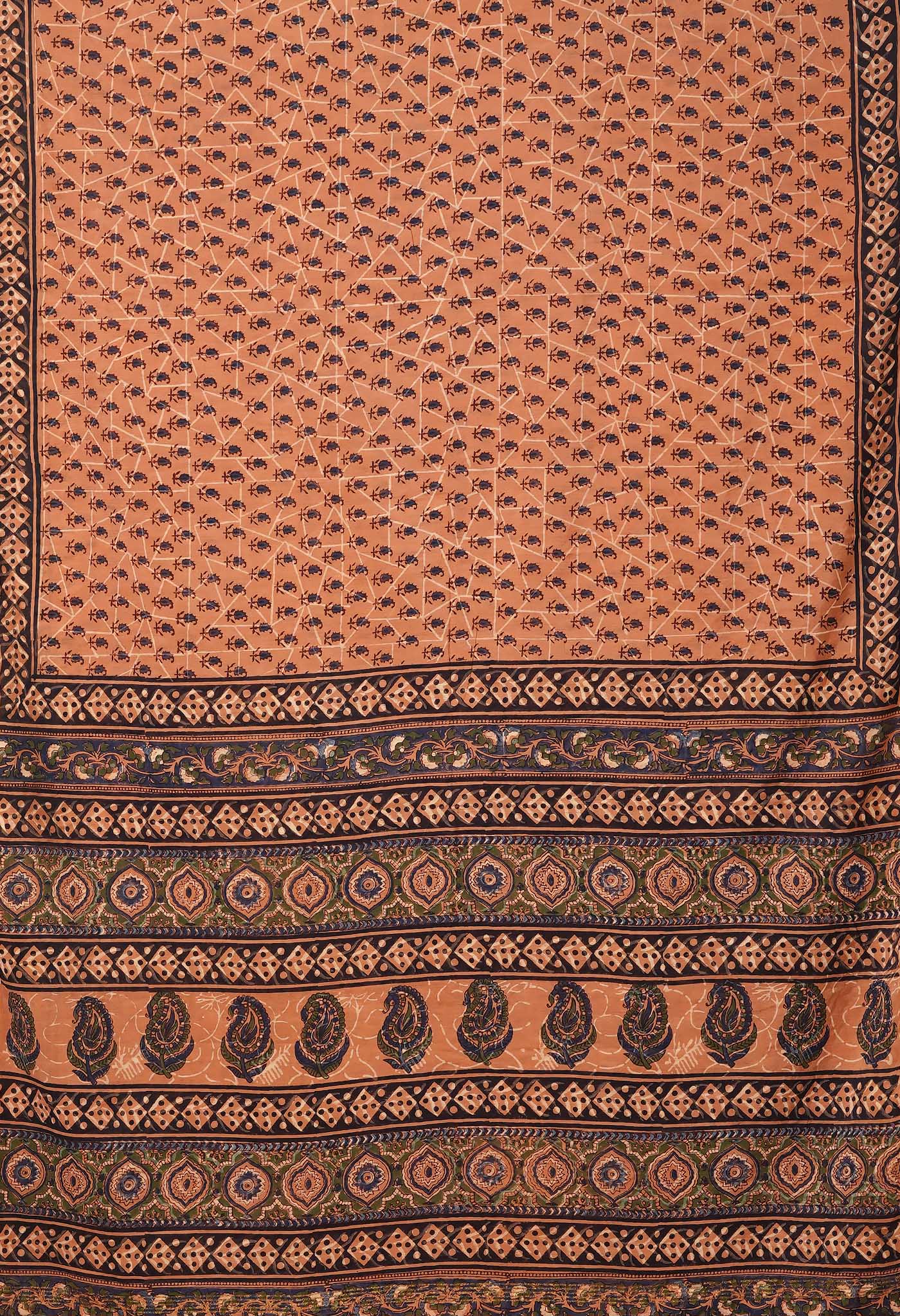 Brown Pure Bagru Printed Pashmina Sico Saree-UNM79331