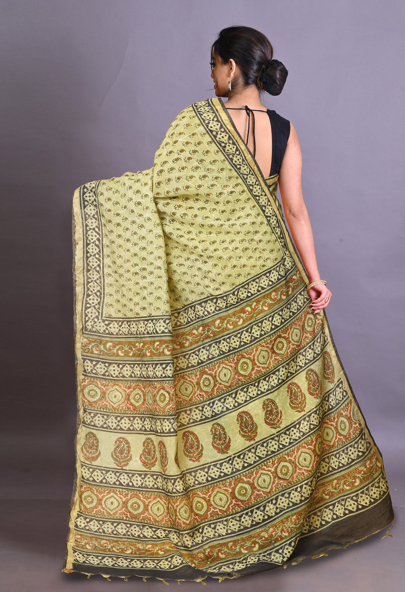 Green Pure Bagru Printed Pashmina Sico Saree-UNM79332