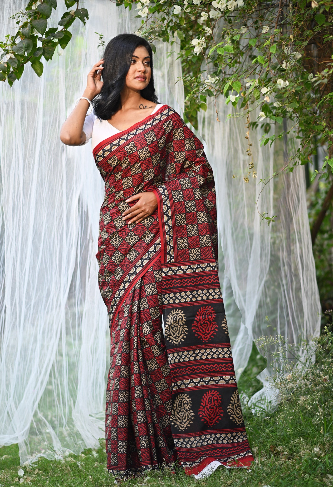 Black-Red Pure Hand Block Printed Soft Cotton Saree-UNM79334