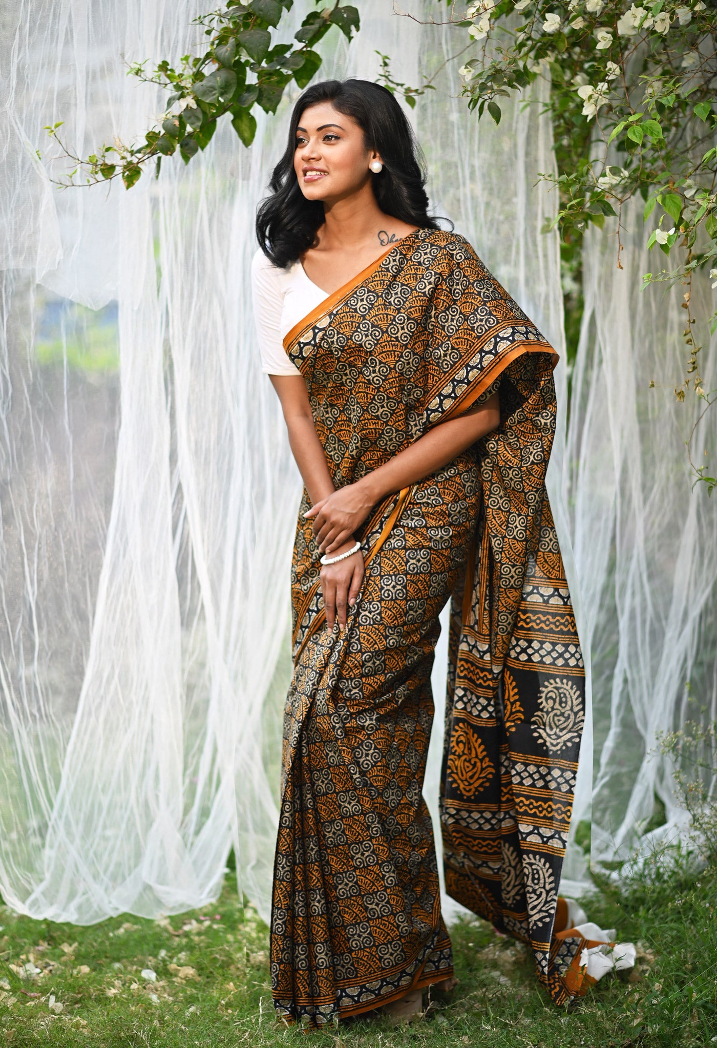 Black-Yellow Pure Hand Block Printed Soft Cotton Saree-UNM79335