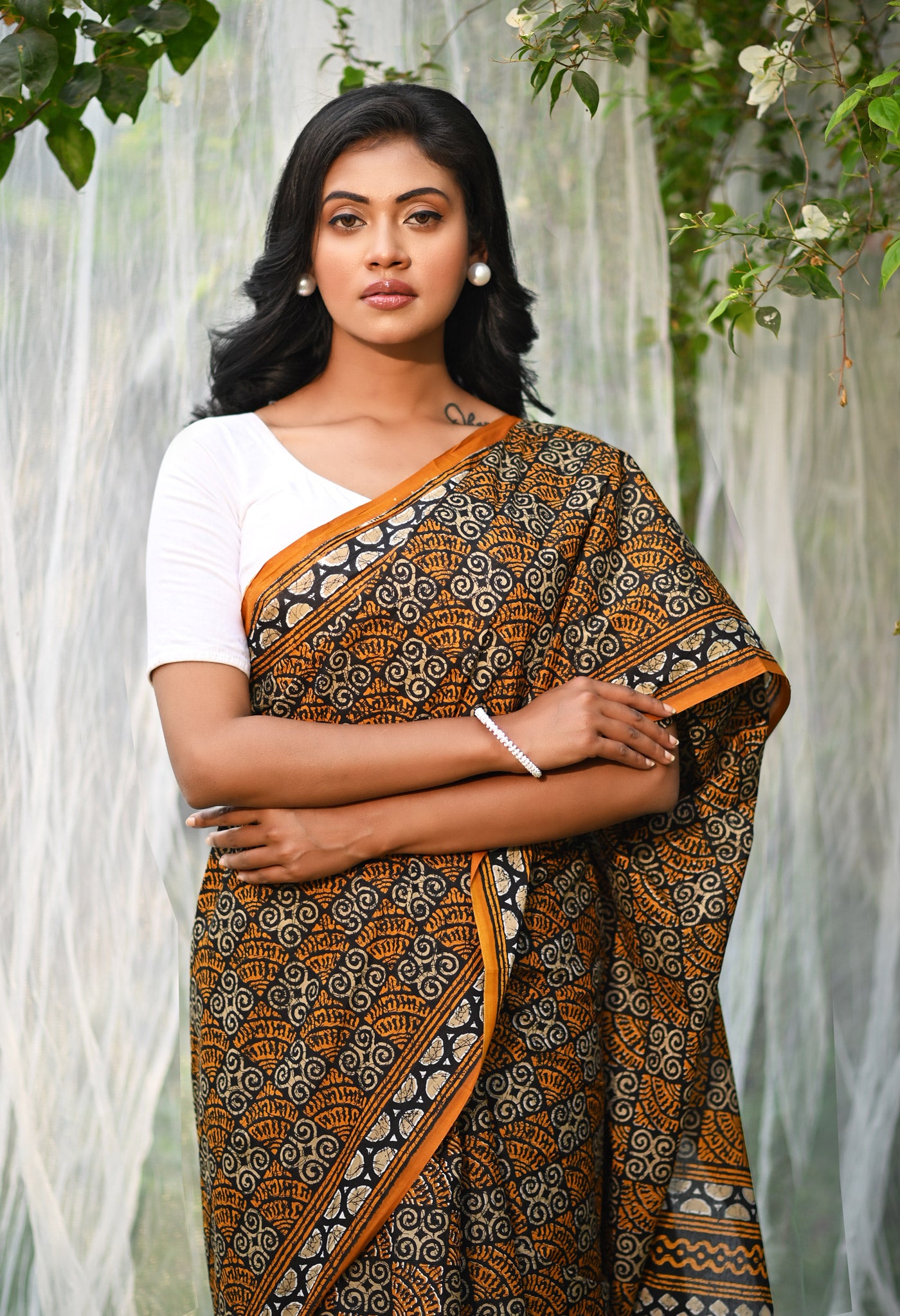 Black-Yellow Pure Hand Block Printed Soft Cotton Saree-UNM79335