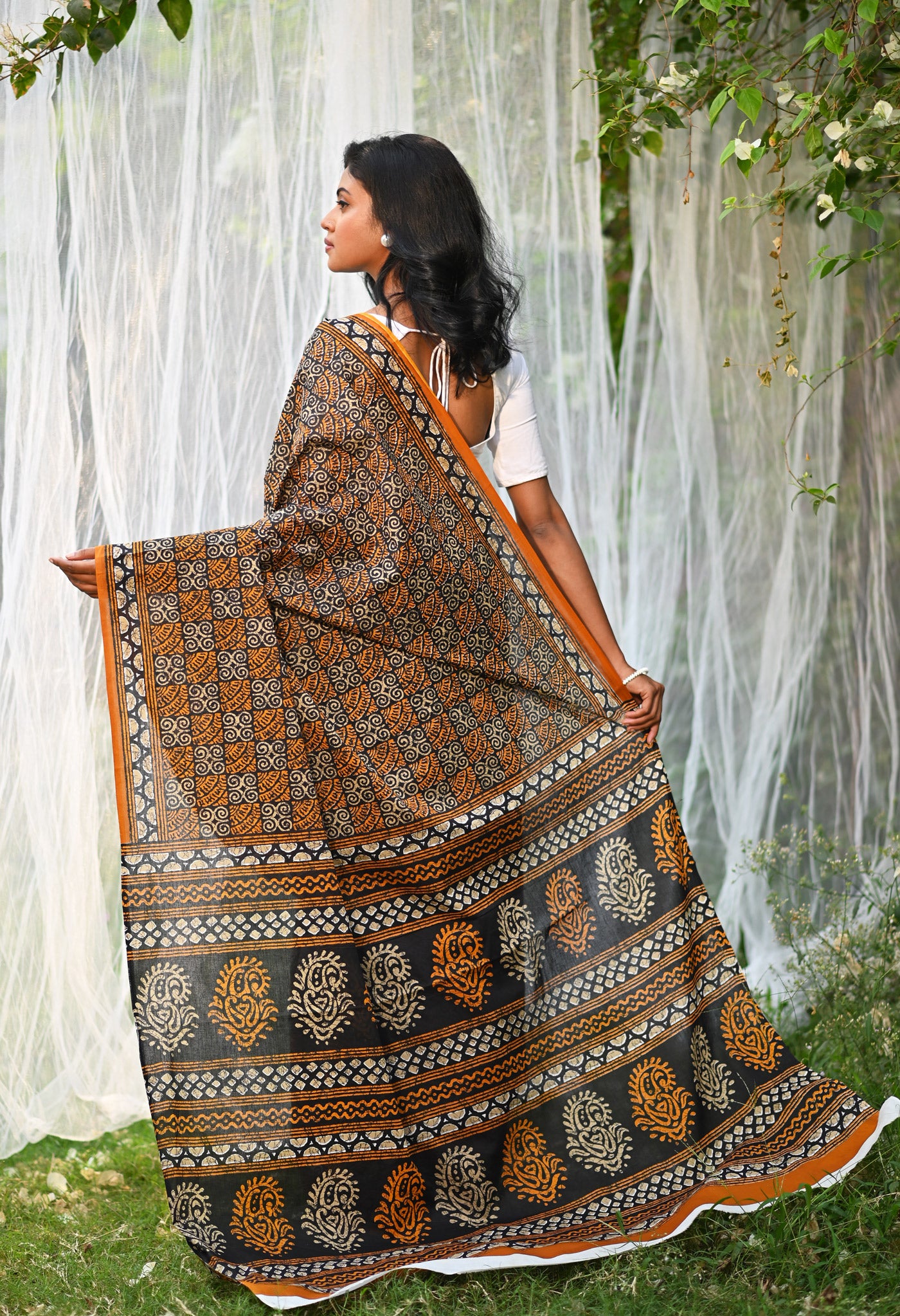 Black-Yellow Pure Hand Block Printed Soft Cotton Saree-UNM79335