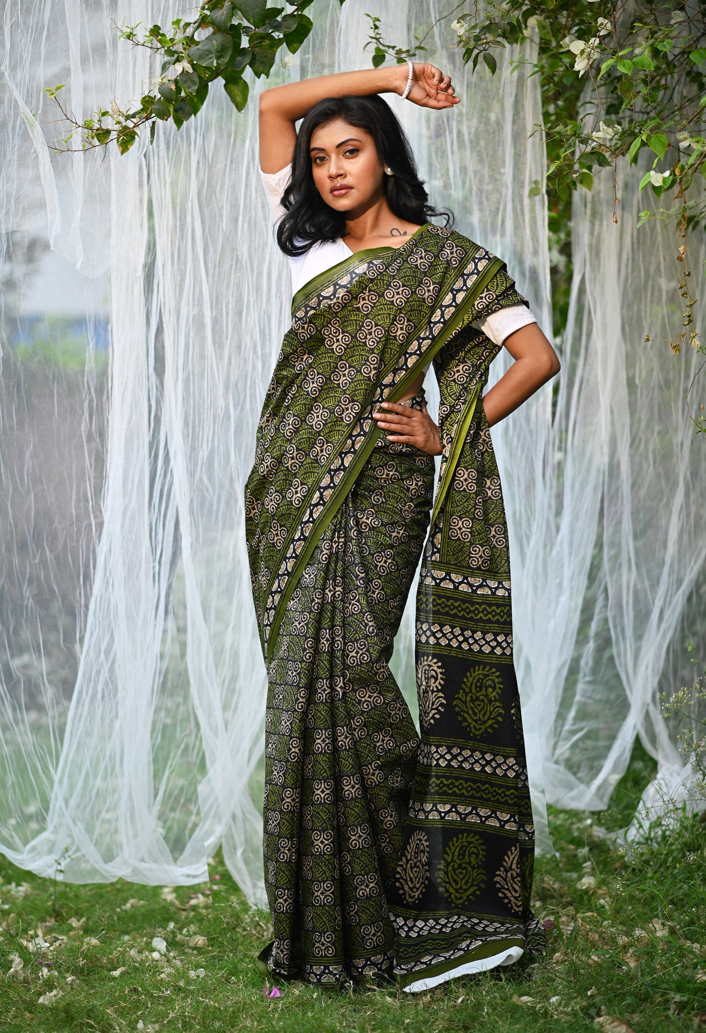 Black-Green Pure Hand Block Printed Soft Cotton Saree-UNM79336