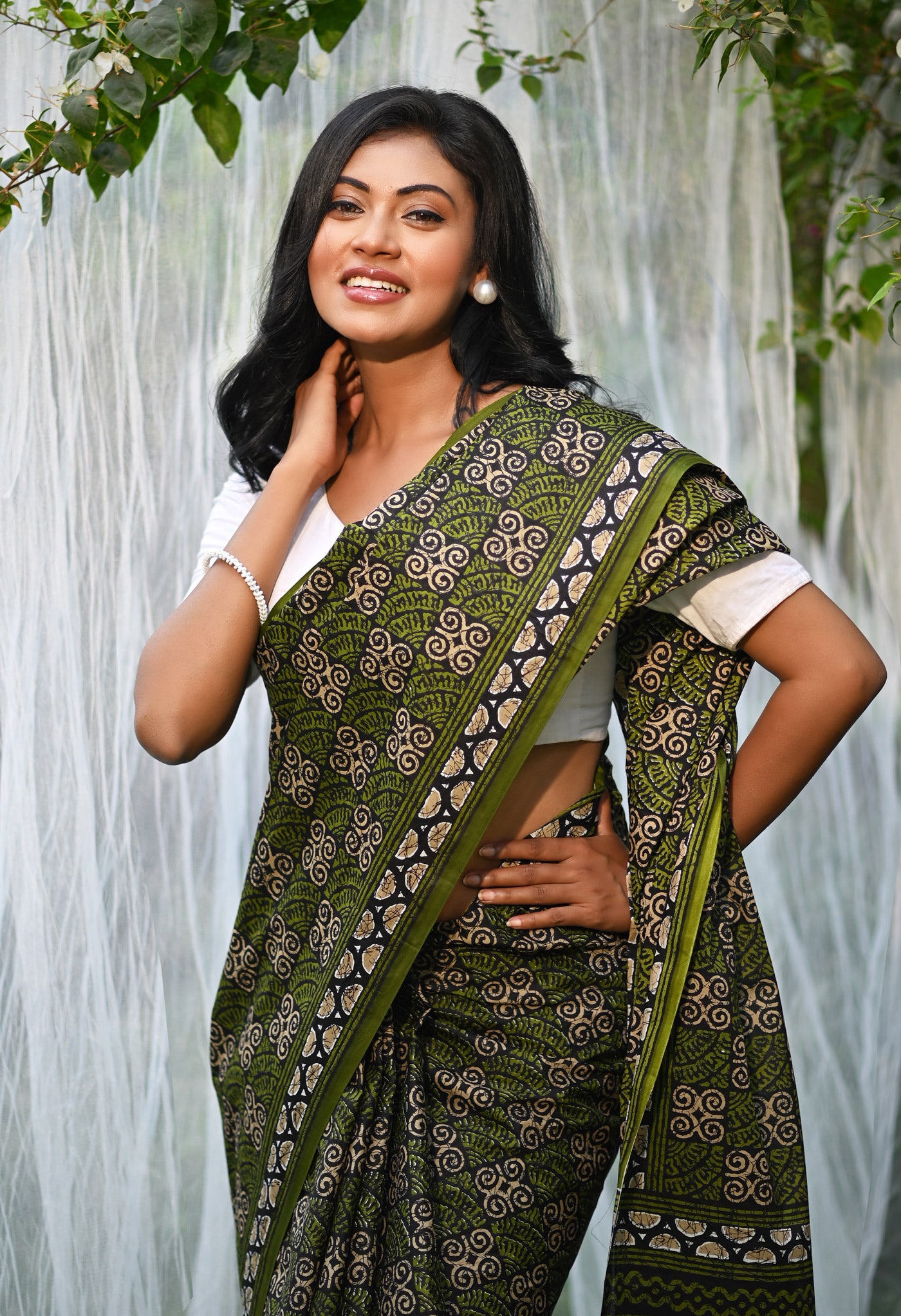 Black-Green Pure Hand Block Printed Soft Cotton Saree-UNM79336