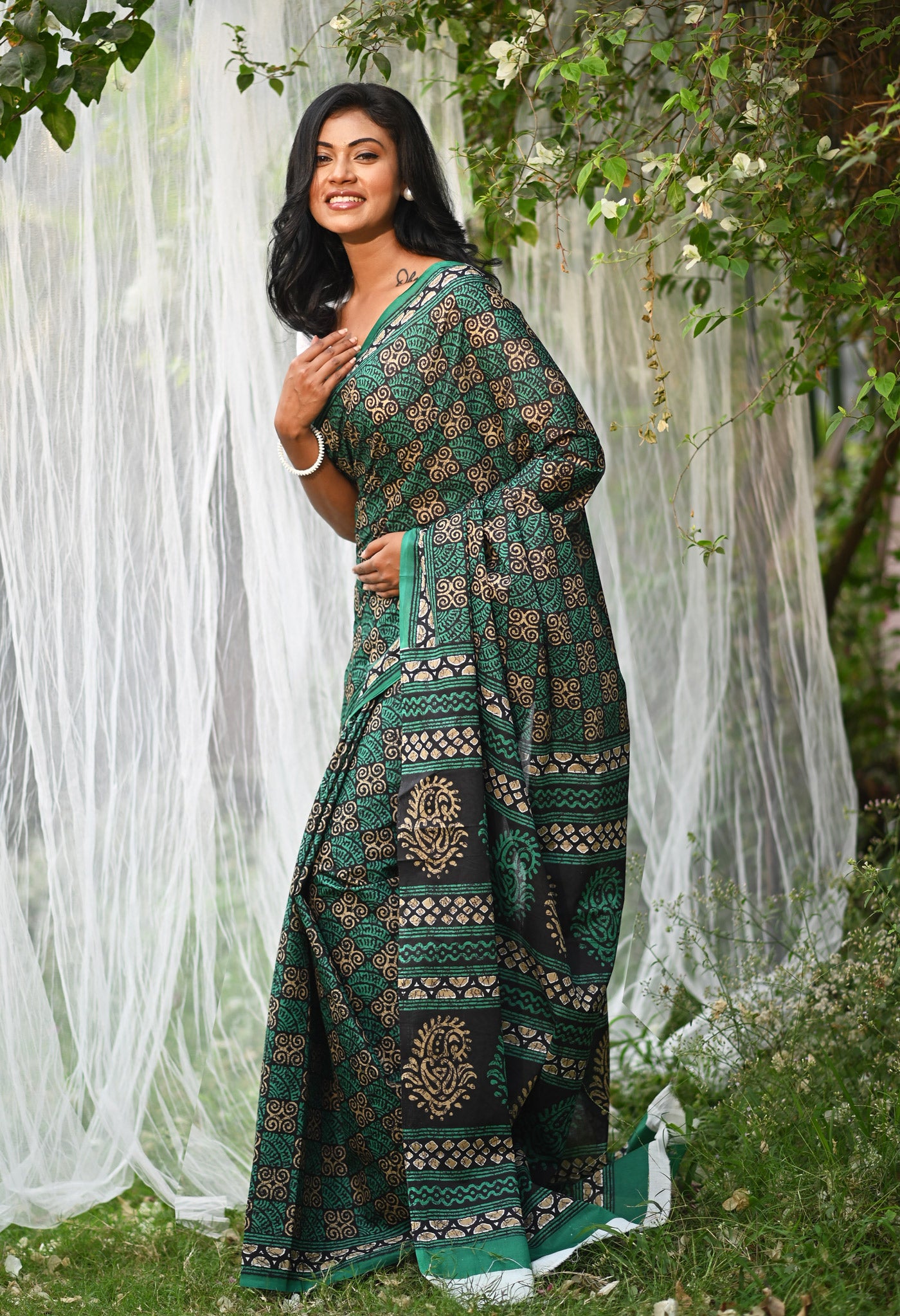 Black-Green Pure Hand Block Printed Soft Cotton Saree-UNM79337