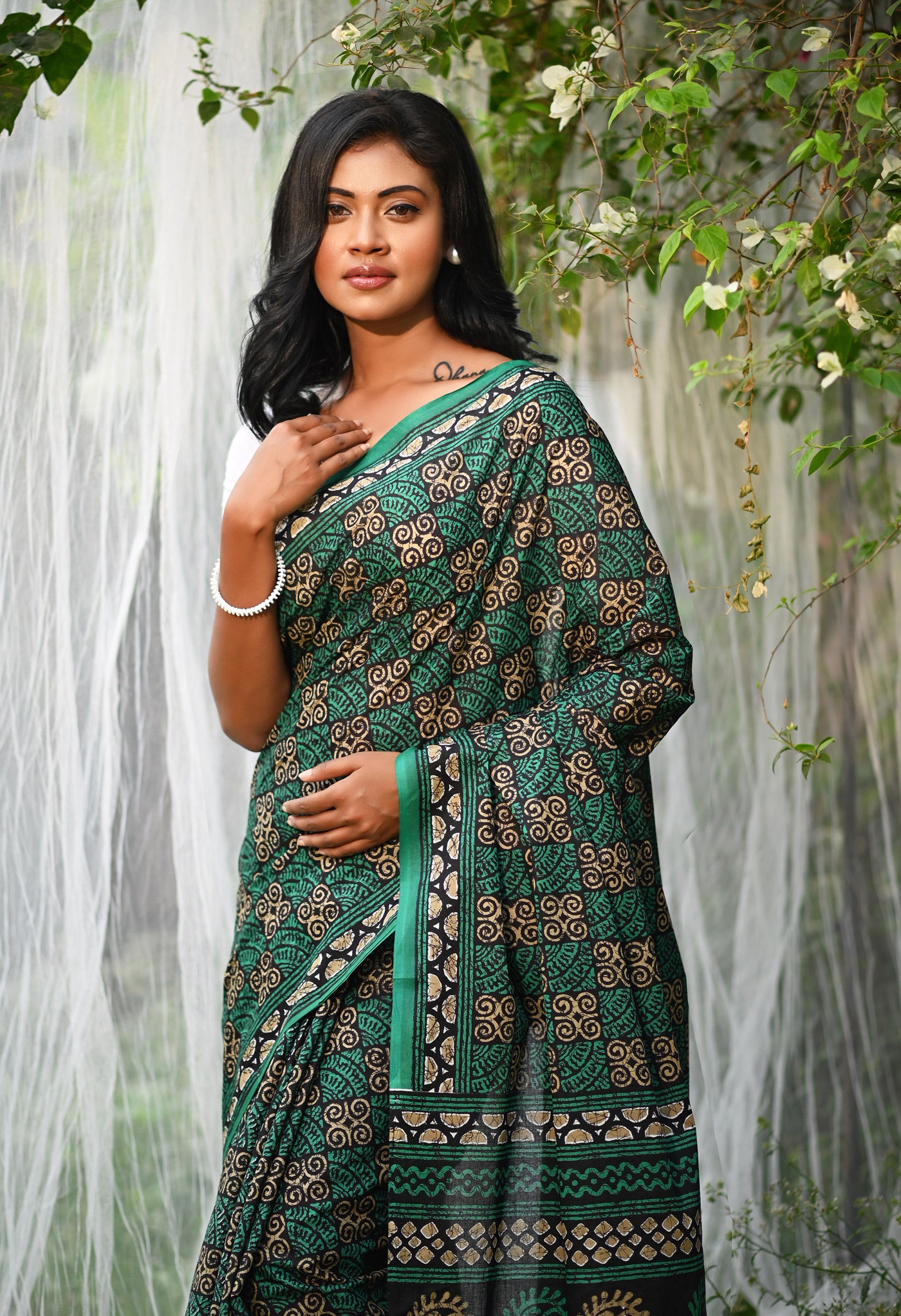 Black-Green Pure Hand Block Printed Soft Cotton Saree-UNM79337