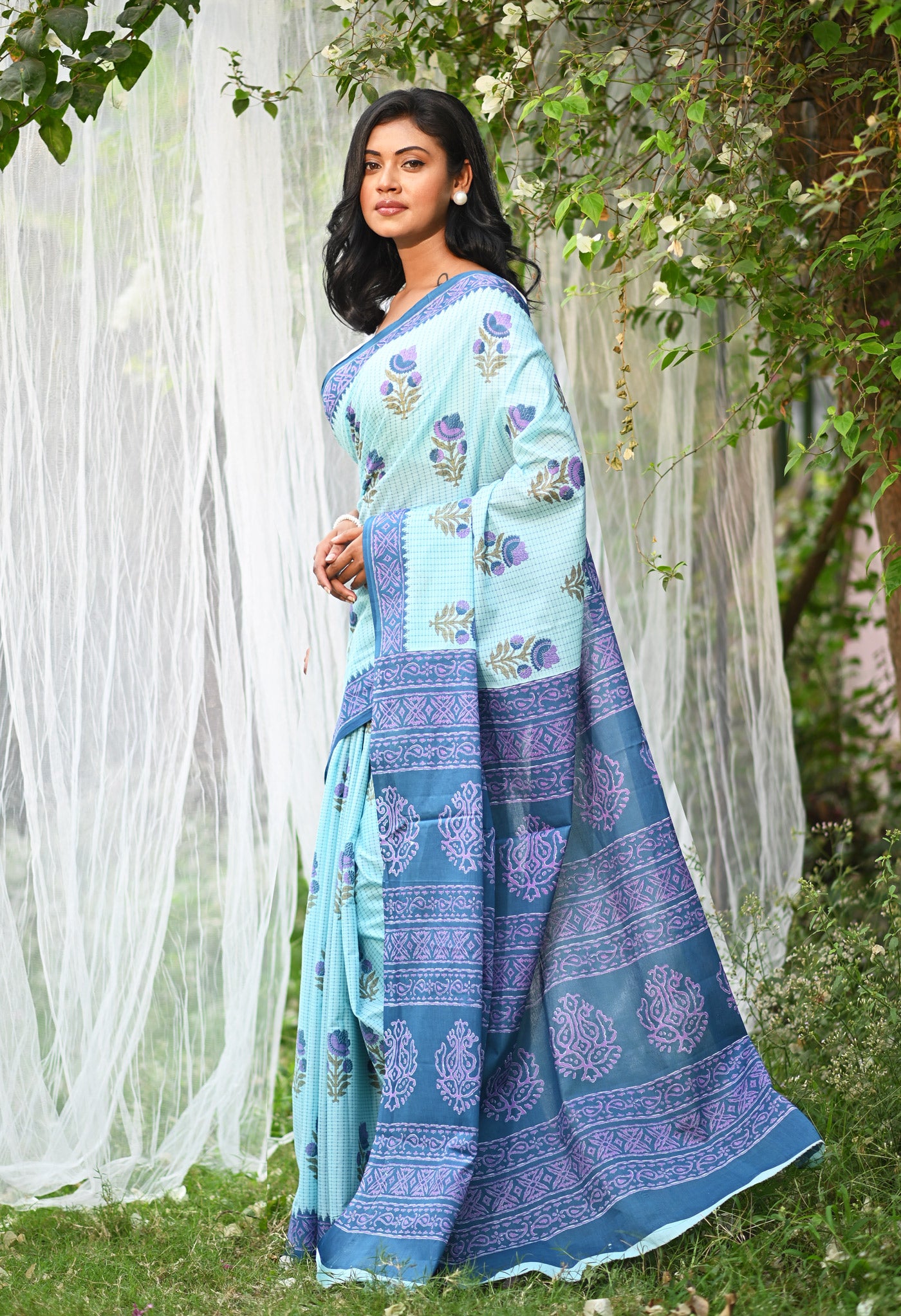 Blue Pure Hand Block Printed Soft Cotton Saree-UNM79340