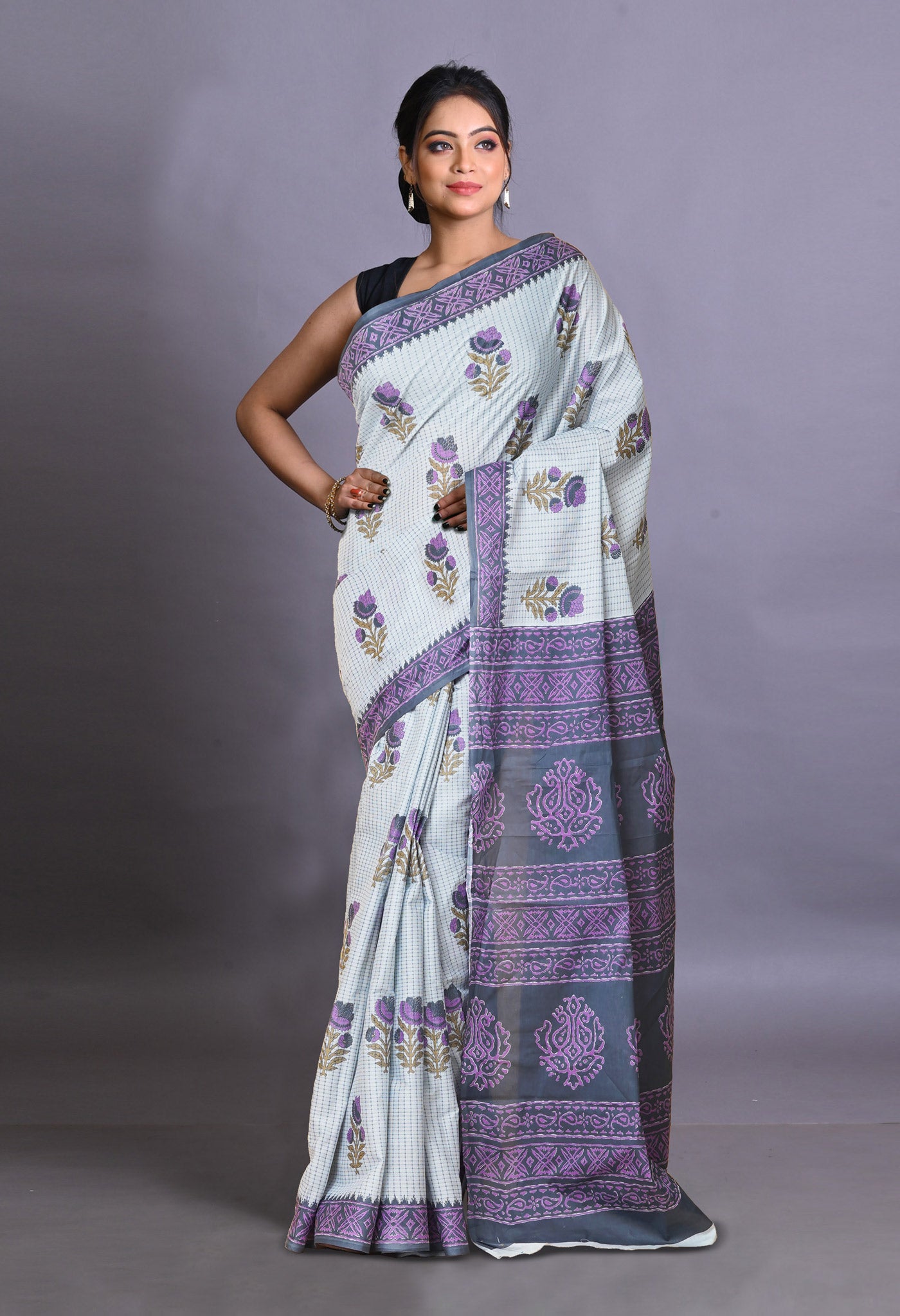 Grey Pure Hand Block Printed Soft Cotton Saree