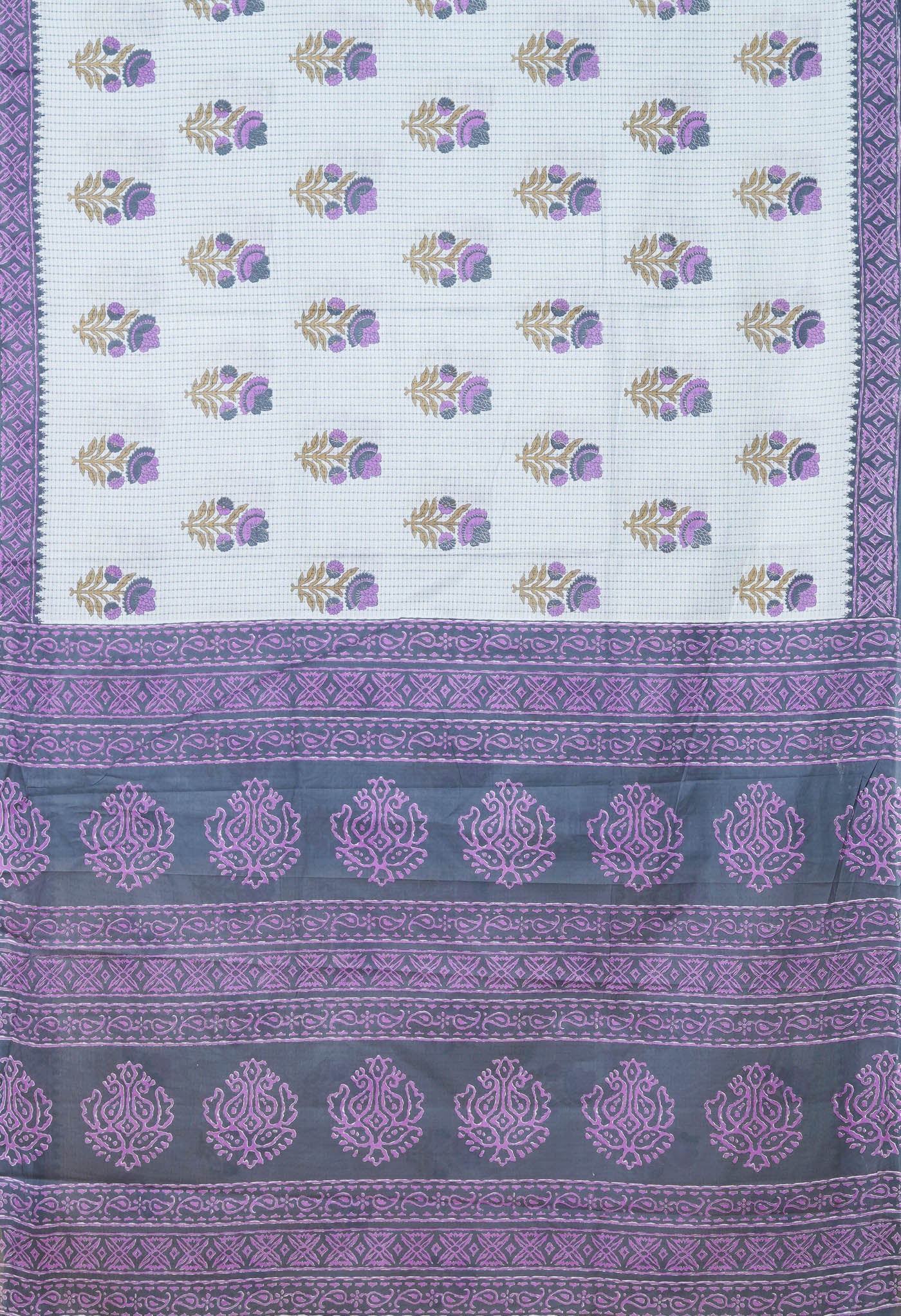 Grey Pure Hand Block Printed Soft Cotton Saree