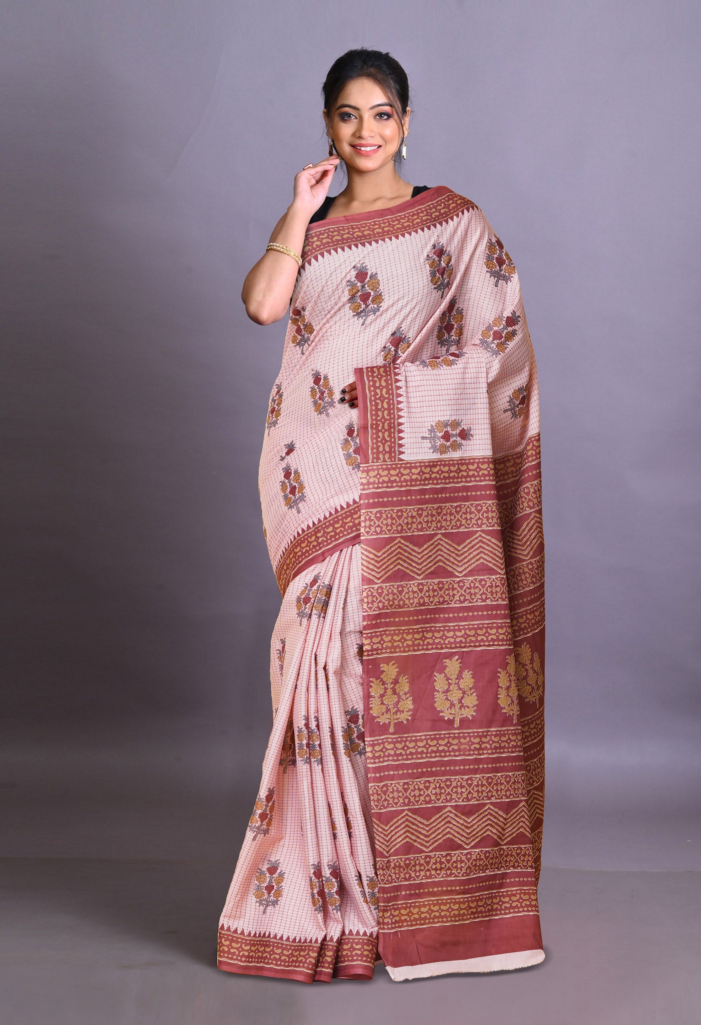 Pink Pure Hand Block Printed Soft Cotton Saree-UNM79343